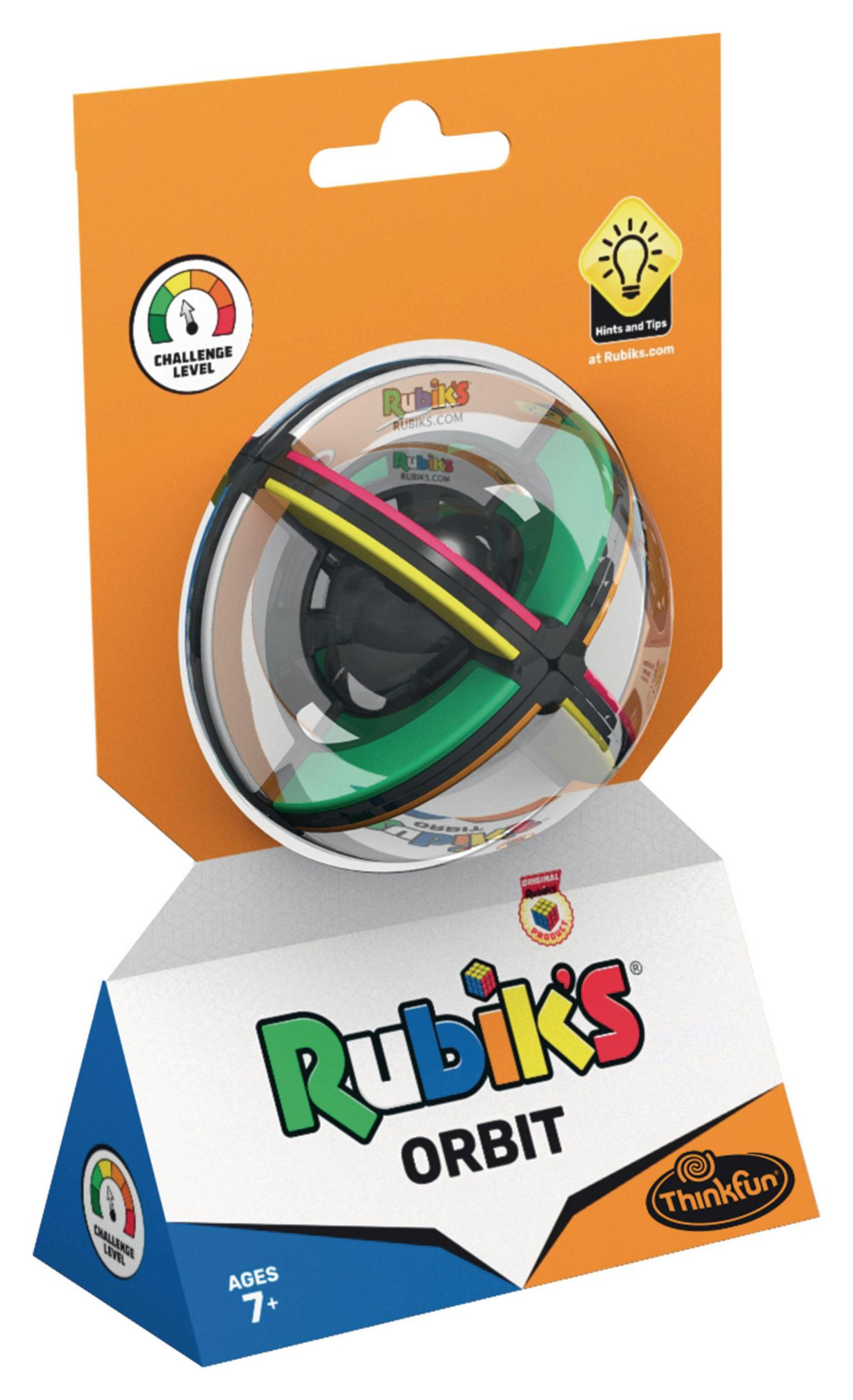Rubik's Orbit Puzzle, eine Kugel in einem Rahmen, auf einer orange-weißen Karte.