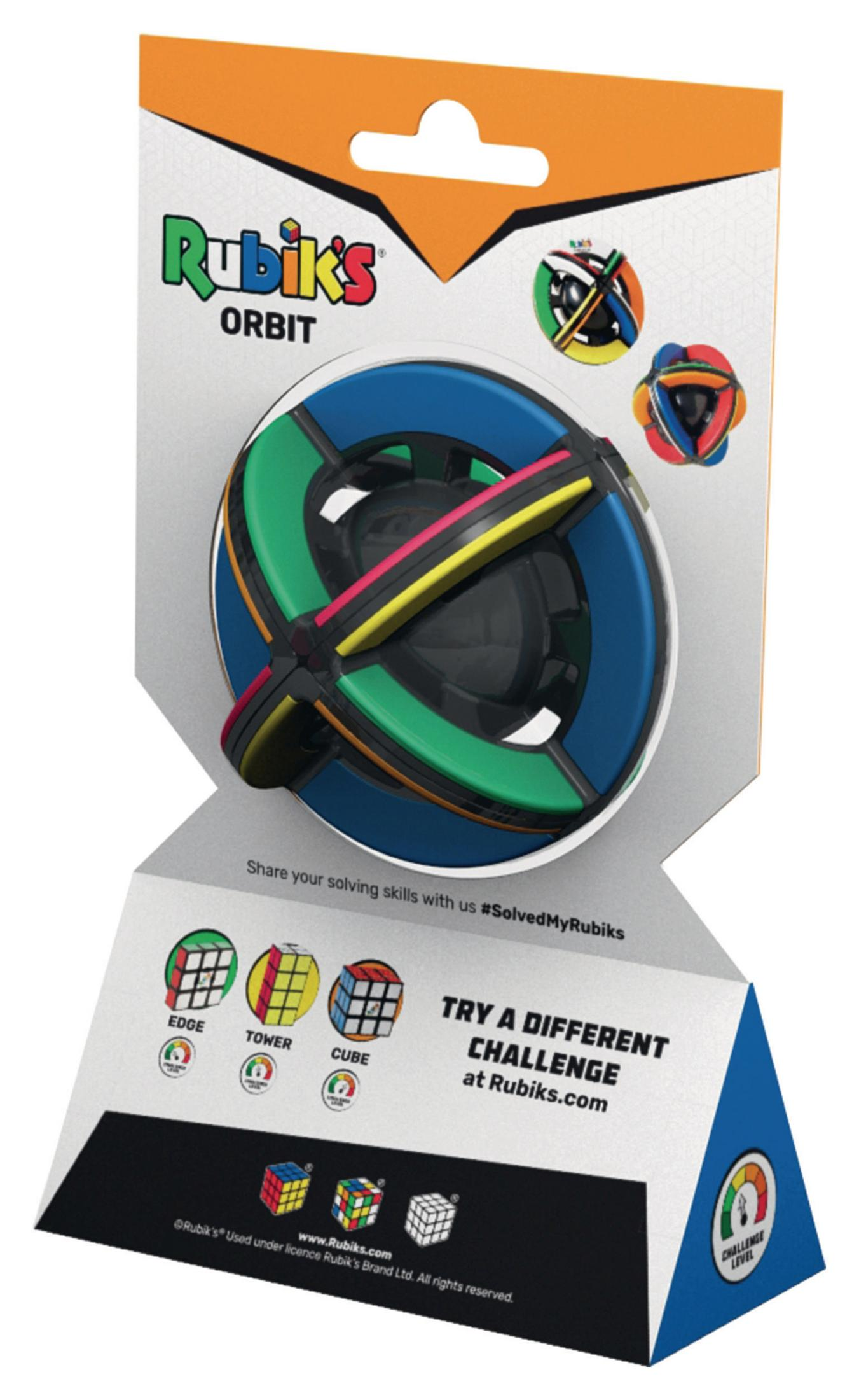 Rubik's Orbit-Puzzle in Verpackung. Es ist ein kreisförmiges Puzzle mit bunten, ineinandergreifenden Teilen.