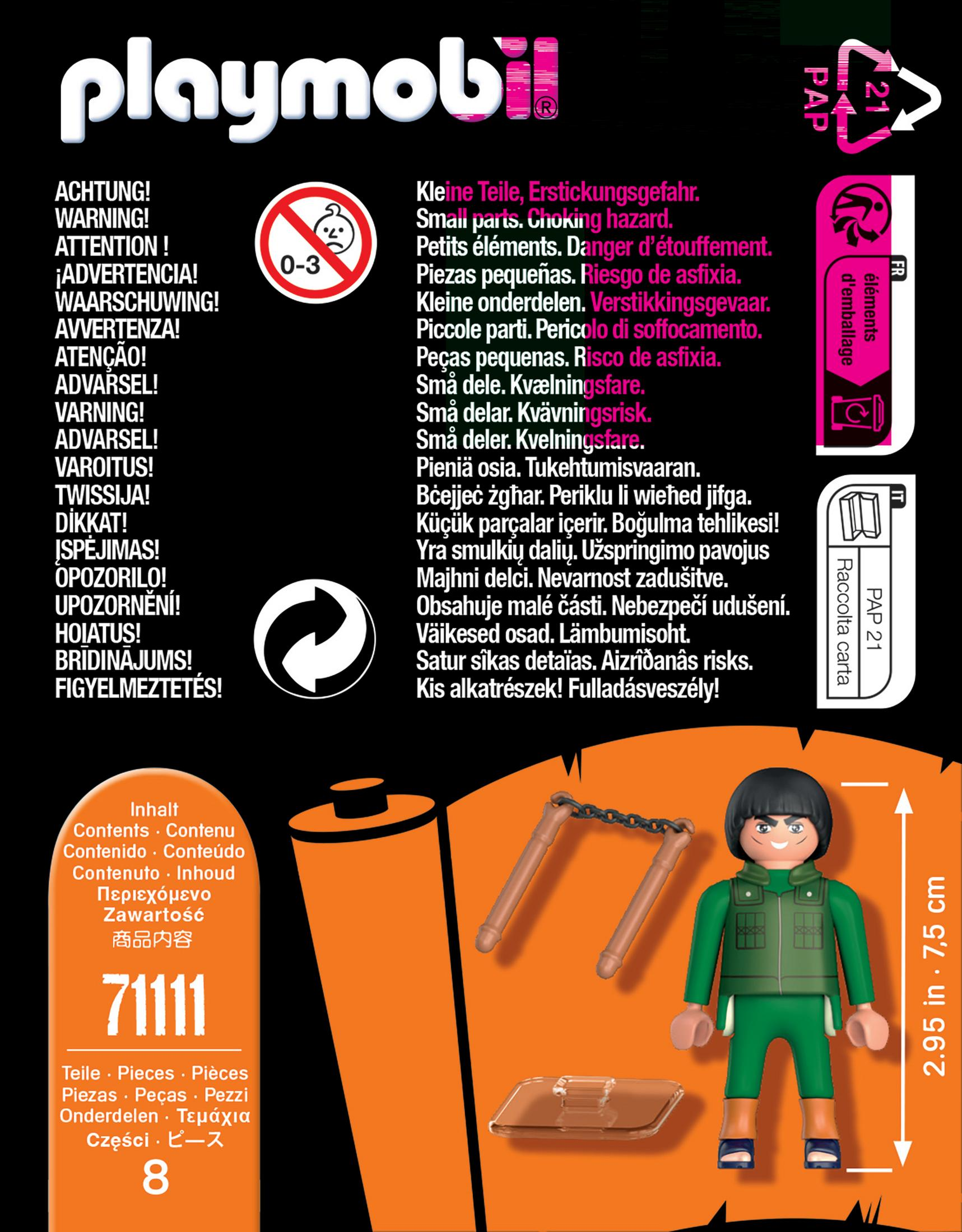 Playmobil-Box mit Ninja-Figur, Zubehör und Warnhinweisen in mehreren Sprachen.