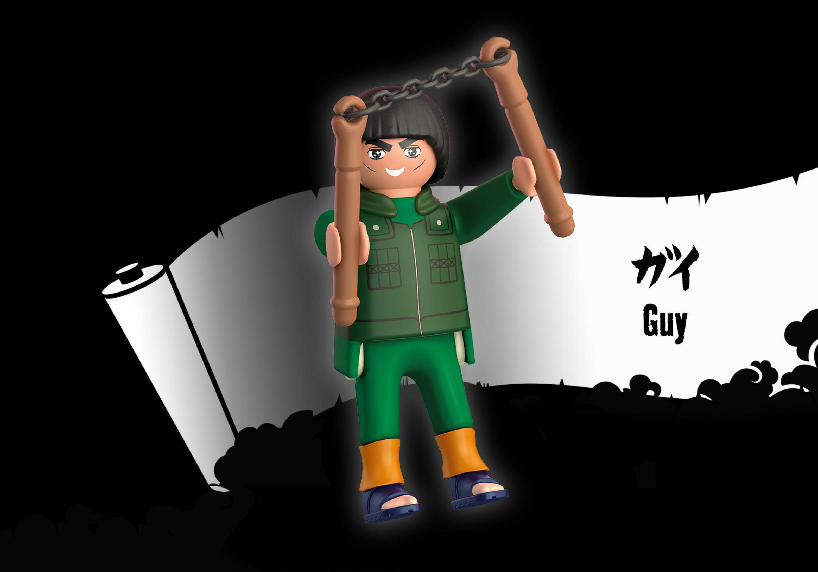 Eine Playmobil-Figur eines Mannes, der Nunchakus hält. Die Figur trägt grüne und orange Kleidung.