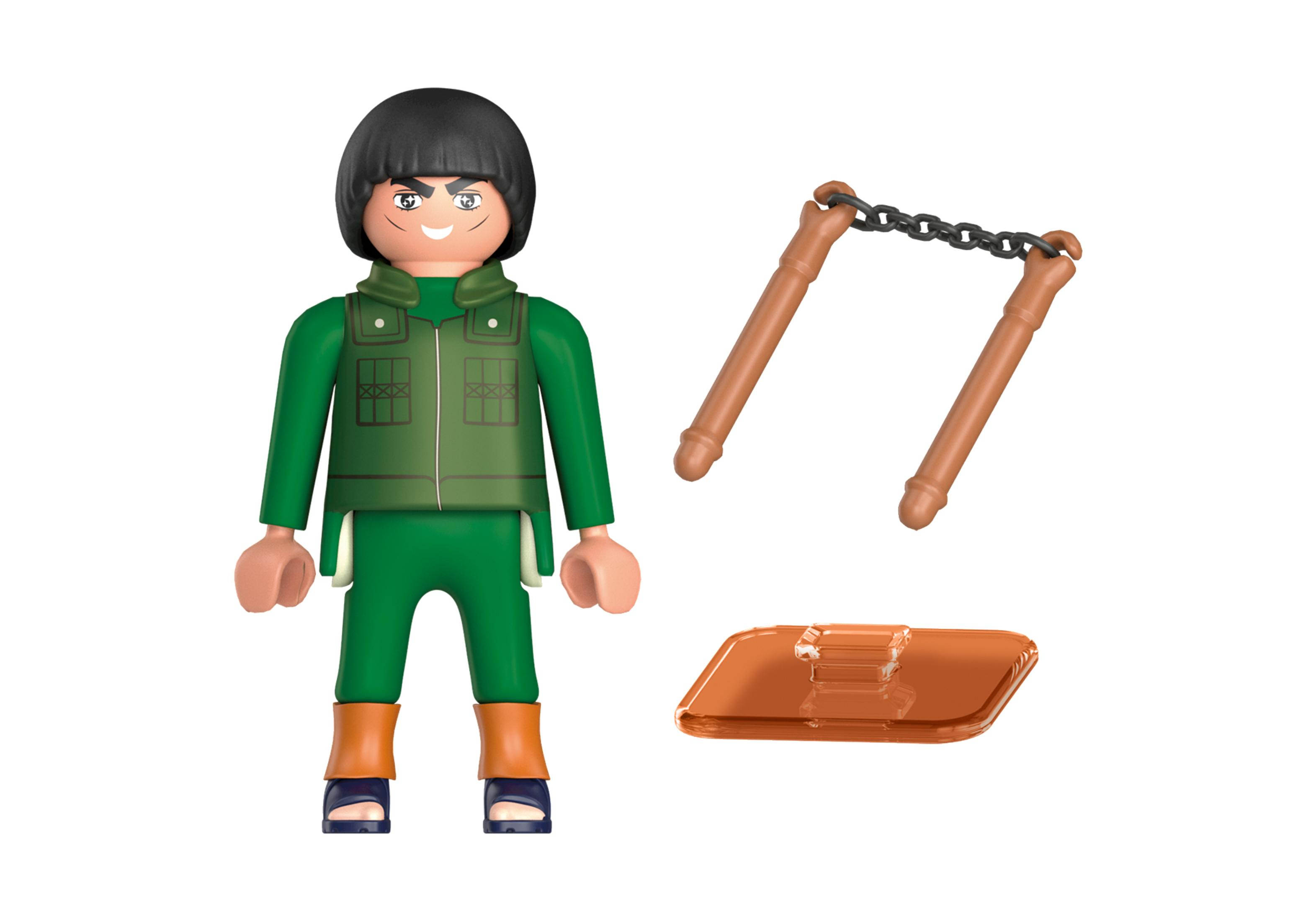 Playmobil-Figur eines Ninja mit Nunchucks und einem braunen Ständer.