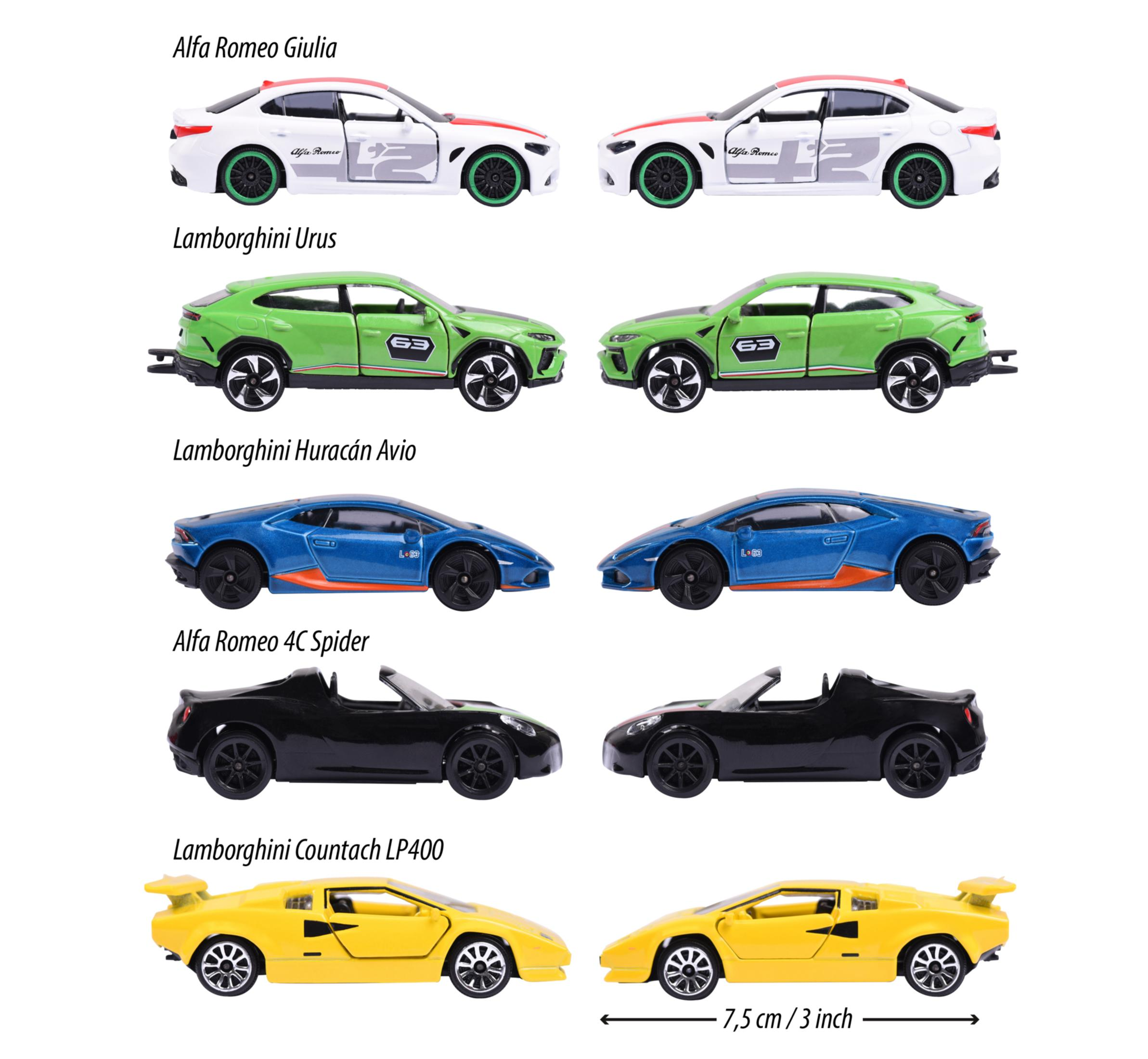Spielzeugautomodelle. Alfa Romeo, Lamborghini und Alfa Romeo 4C Spider werden gezeigt. Die Autos stehen auf weißem Untergrund.