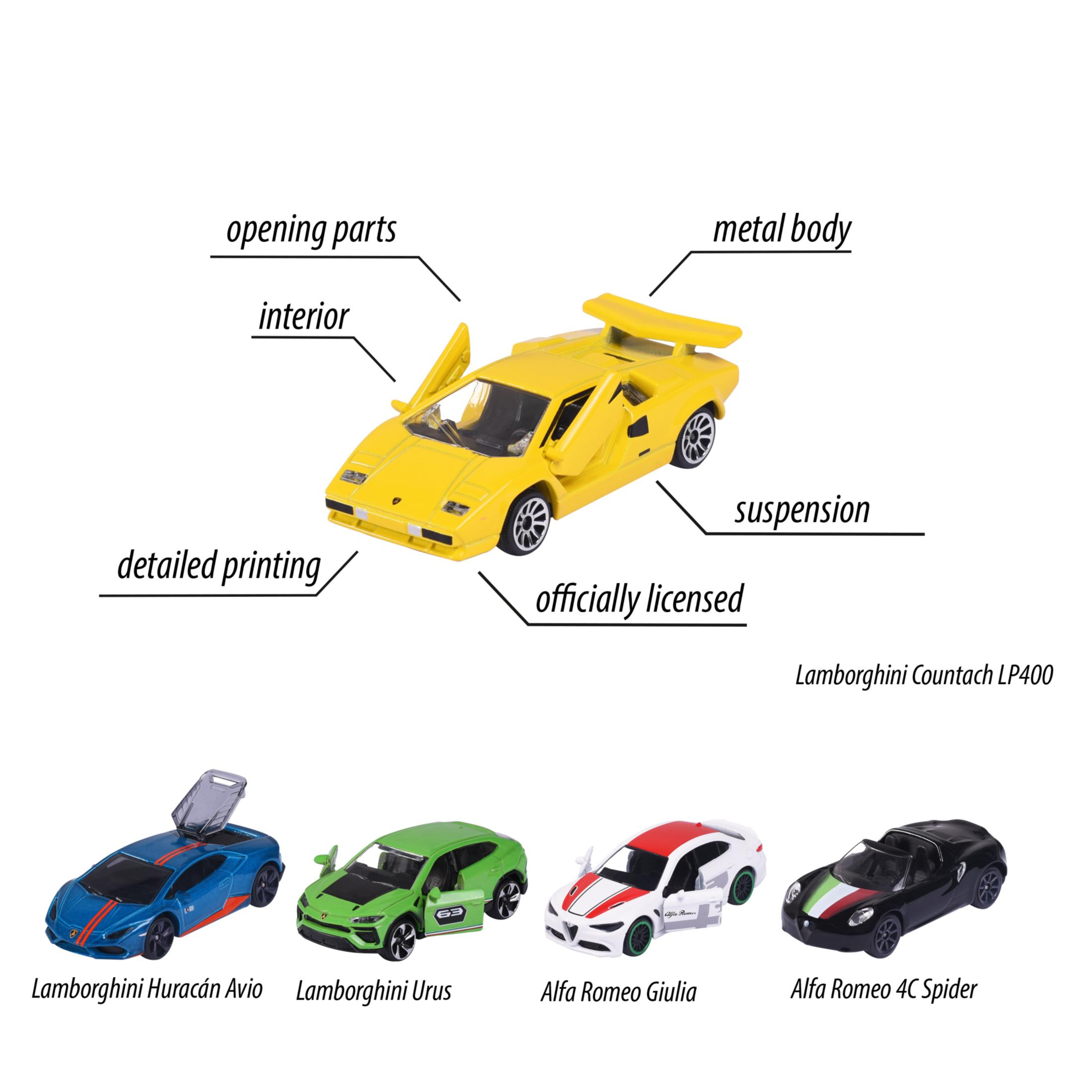 Gelbes Lamborghini Countach Spielzeugauto mit Etiketten, die auf verschiedene Teile zeigen.
