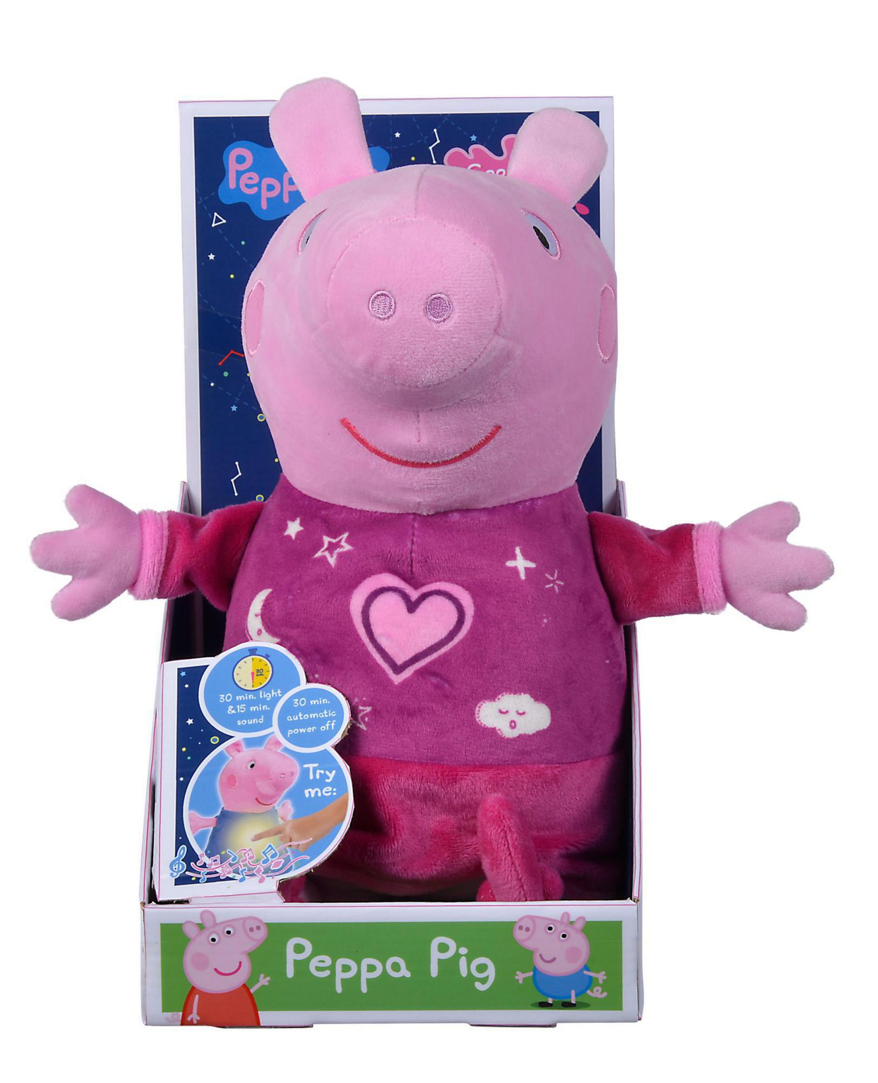 Rosa Peppa Wutz Plüschtier in einer Box, Arme offen, vor blauem Sternenhimmel und Text auf der Box.