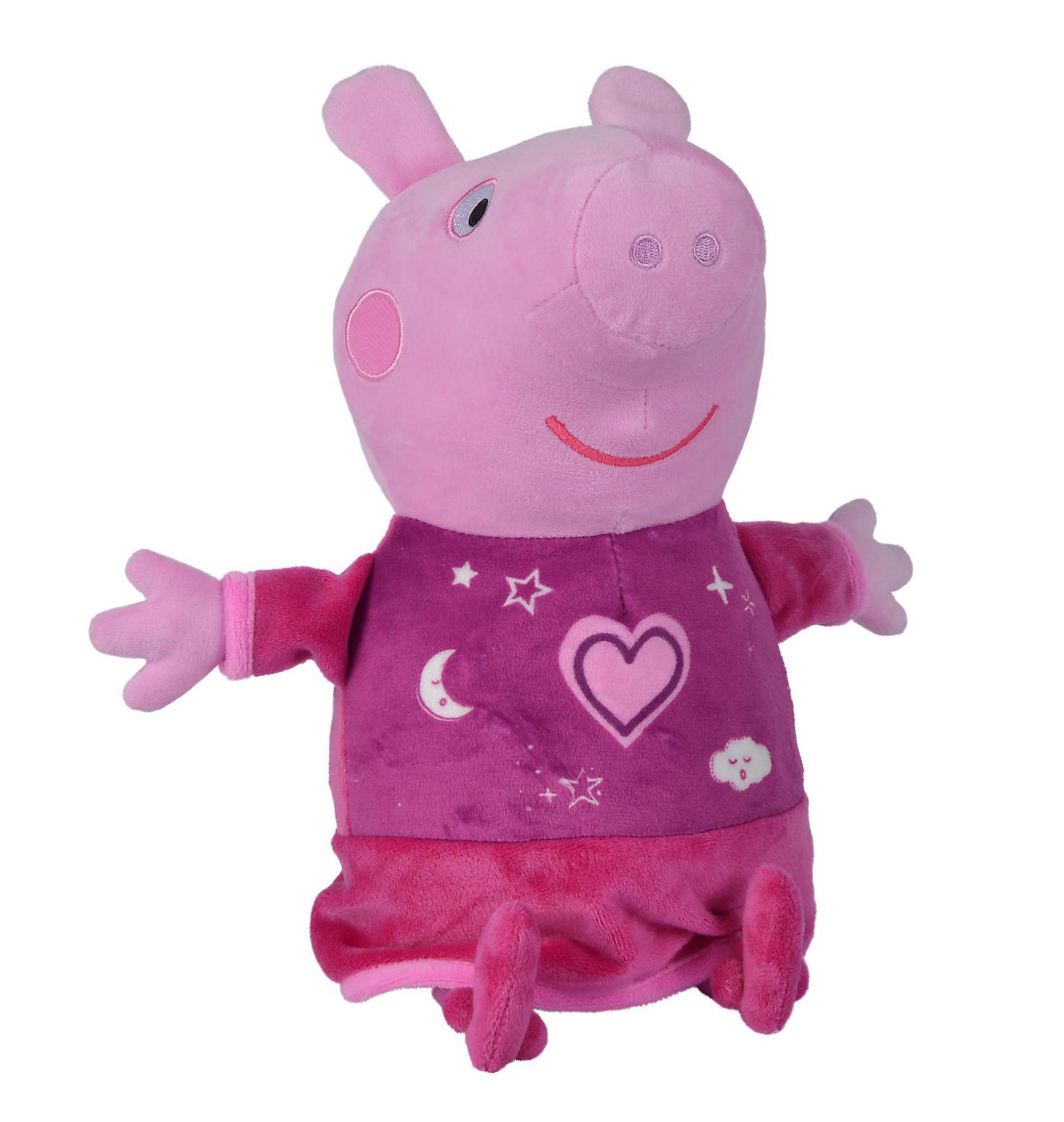 Rosa Peppa Wutz Plüschtier mit offenen Armen, trägt lila Hemd mit Sternen, Herz und Mond.