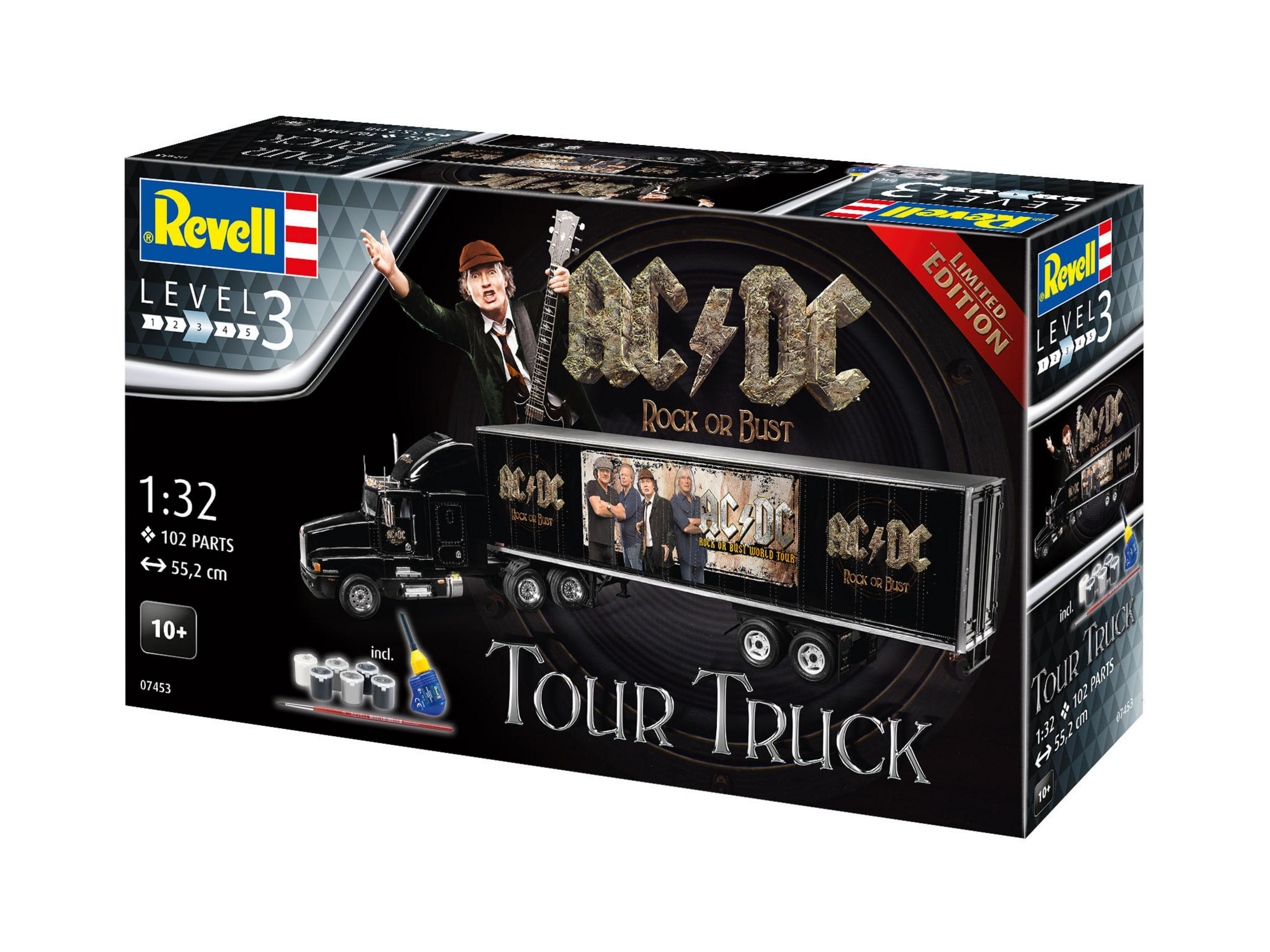 Ein Spielzeugmodell eines Lastwagens mit AC/DC-Branding. Die Box enthält ein Bild der Band.