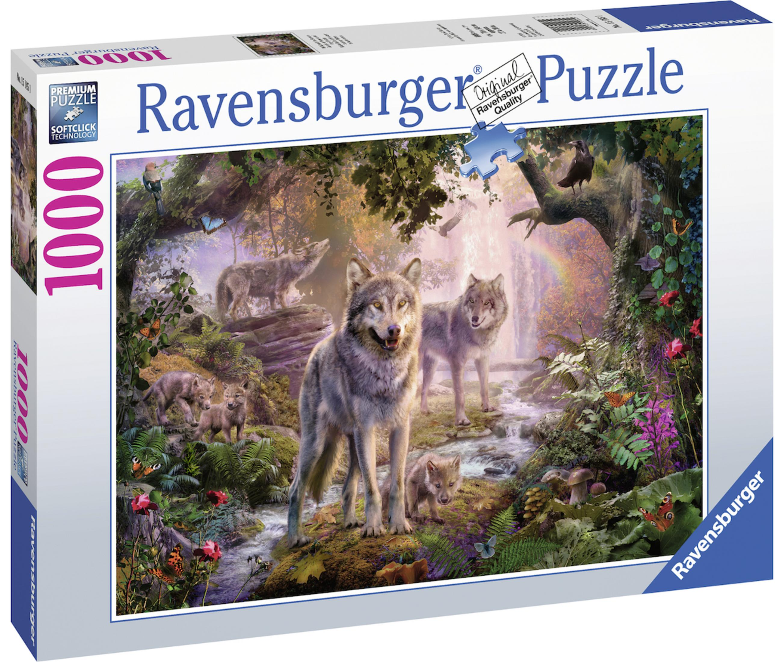 Ravensburger 1000-teilige Puzzlebox mit einer Wolfsrudel-Szene in einem Wald.