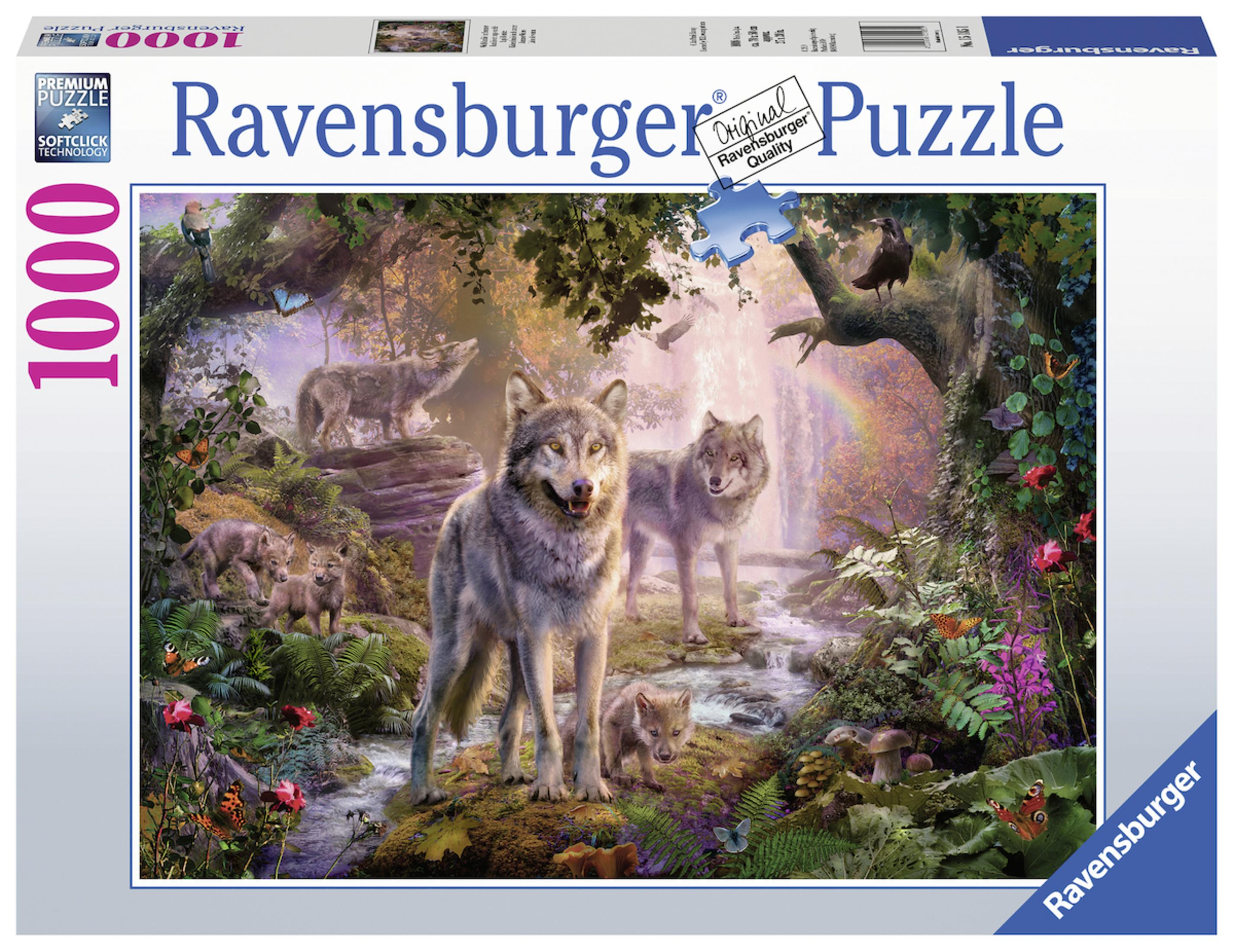 Eine Puzzleschachtel mit Wölfen in einem Wald mit Regenbogen und Wasserfall. Die Box zeigt das Gesamtbild.