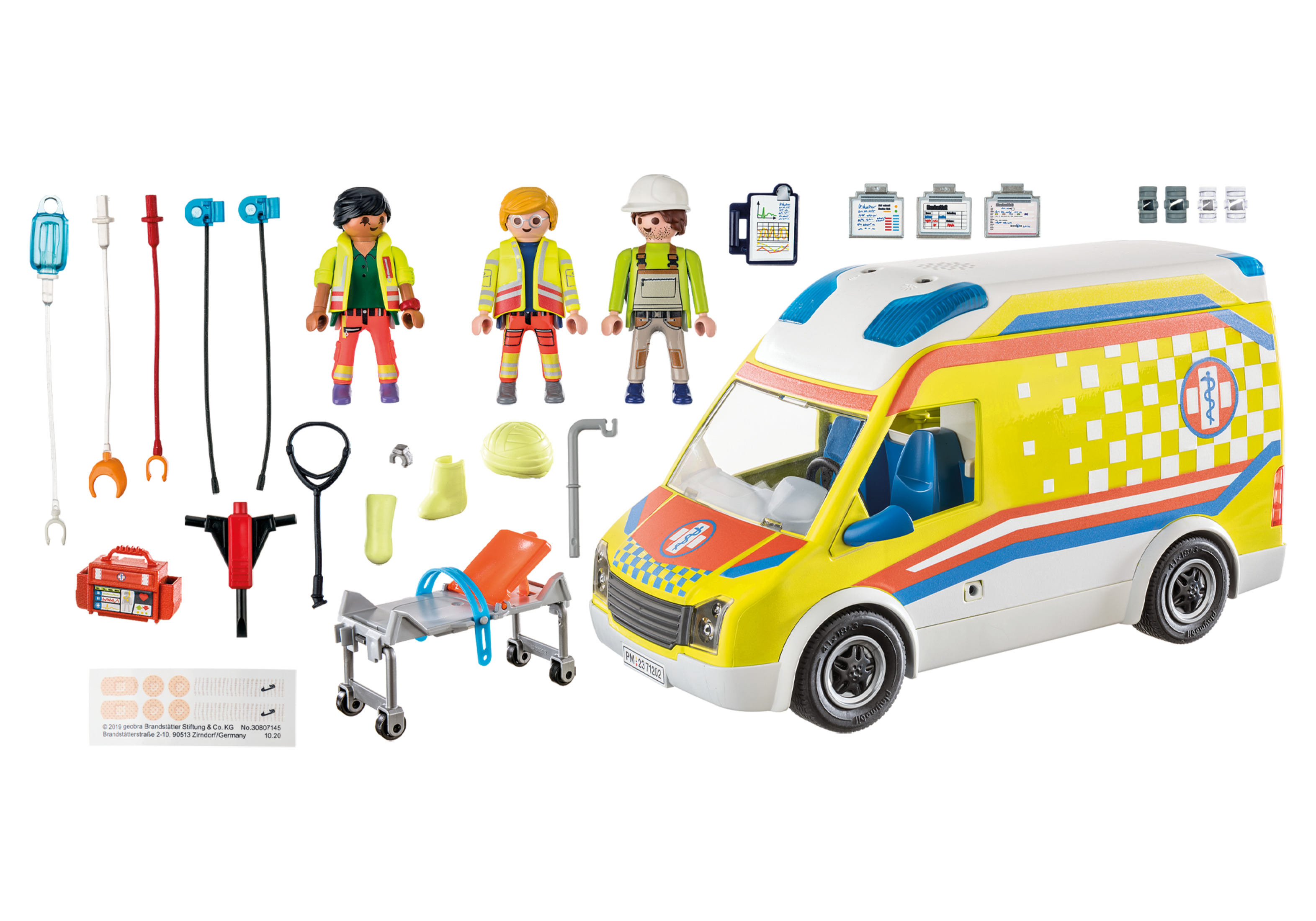 Zabawkowa karetka Playmobil z figurkami sanitariuszy i sprzętem medycznym, białe tło.