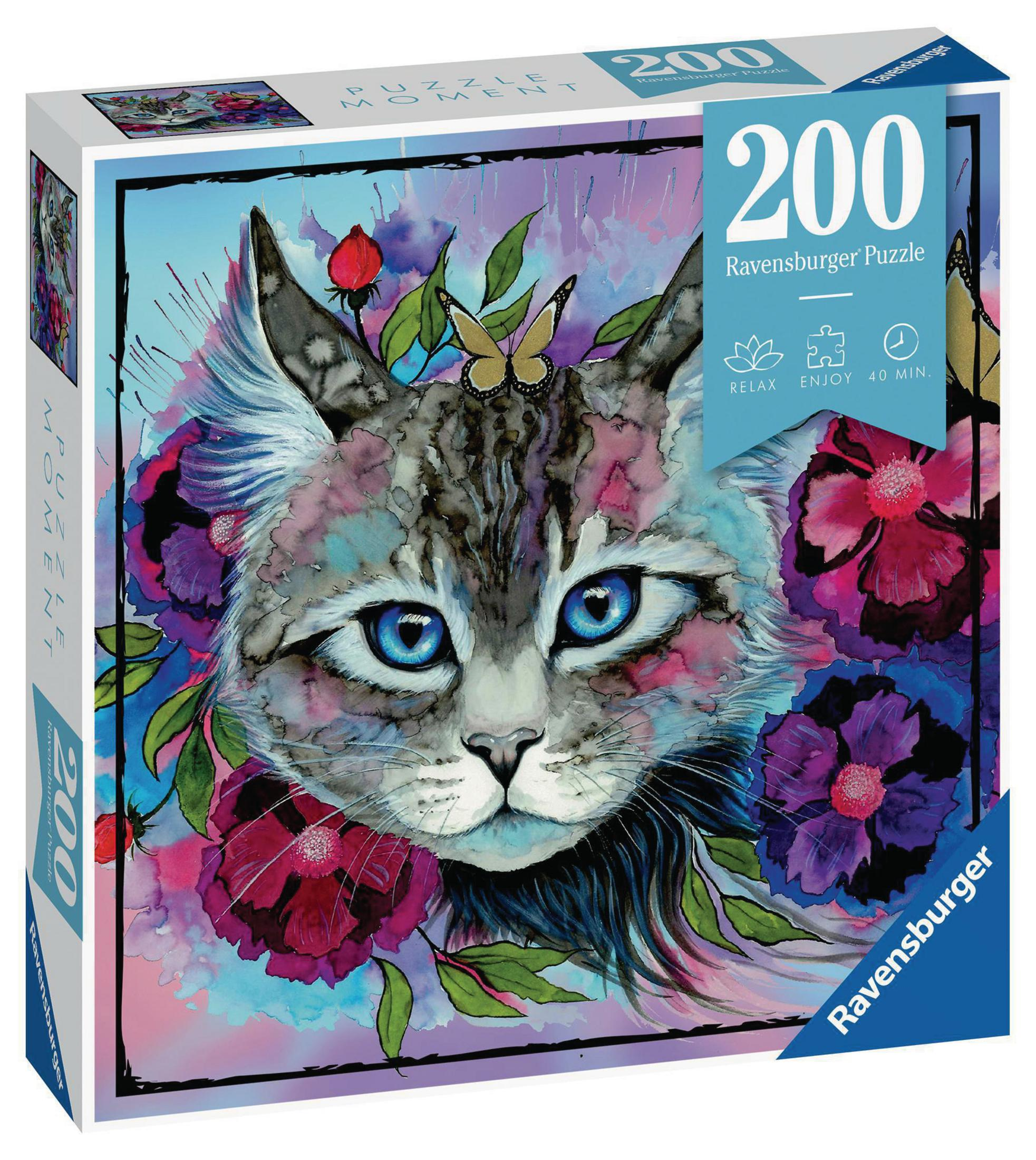 Scatola di puzzle che mostra un gatto circondato da fiori, con il numero 200.