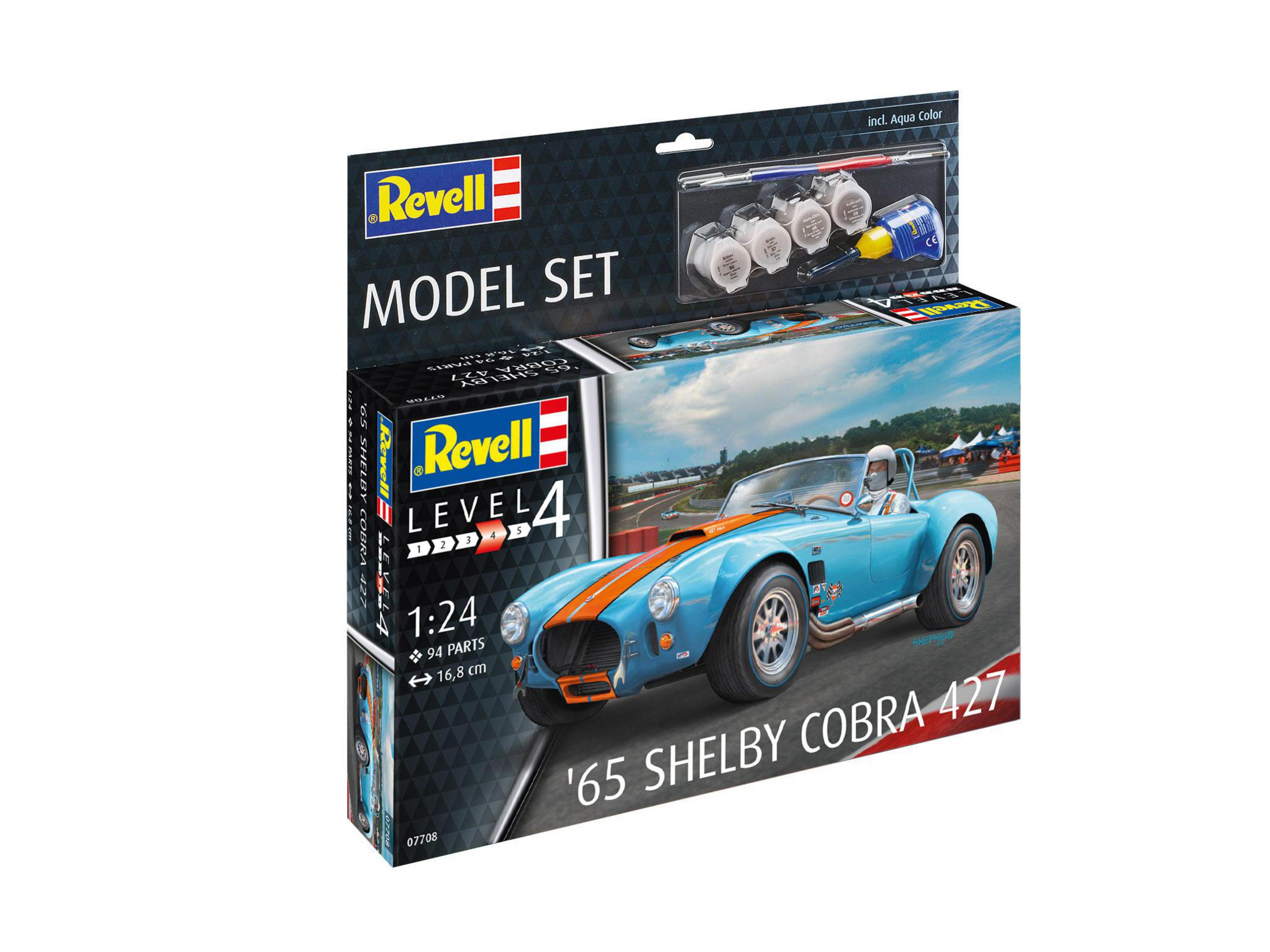Modellbausatz eines blauen Shelby Cobra Autos mit orangen Streifen.