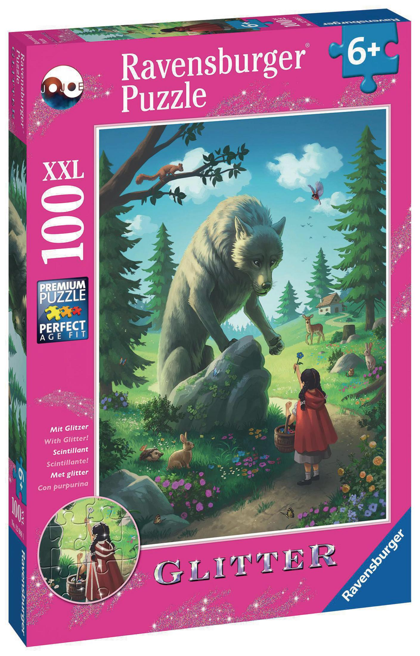 Ein Puzzle-Karton mit einem Wolf, einem Mädchen und Waldlandschaft, mit Glitzereffekten und dem Ravensburger-Logo.