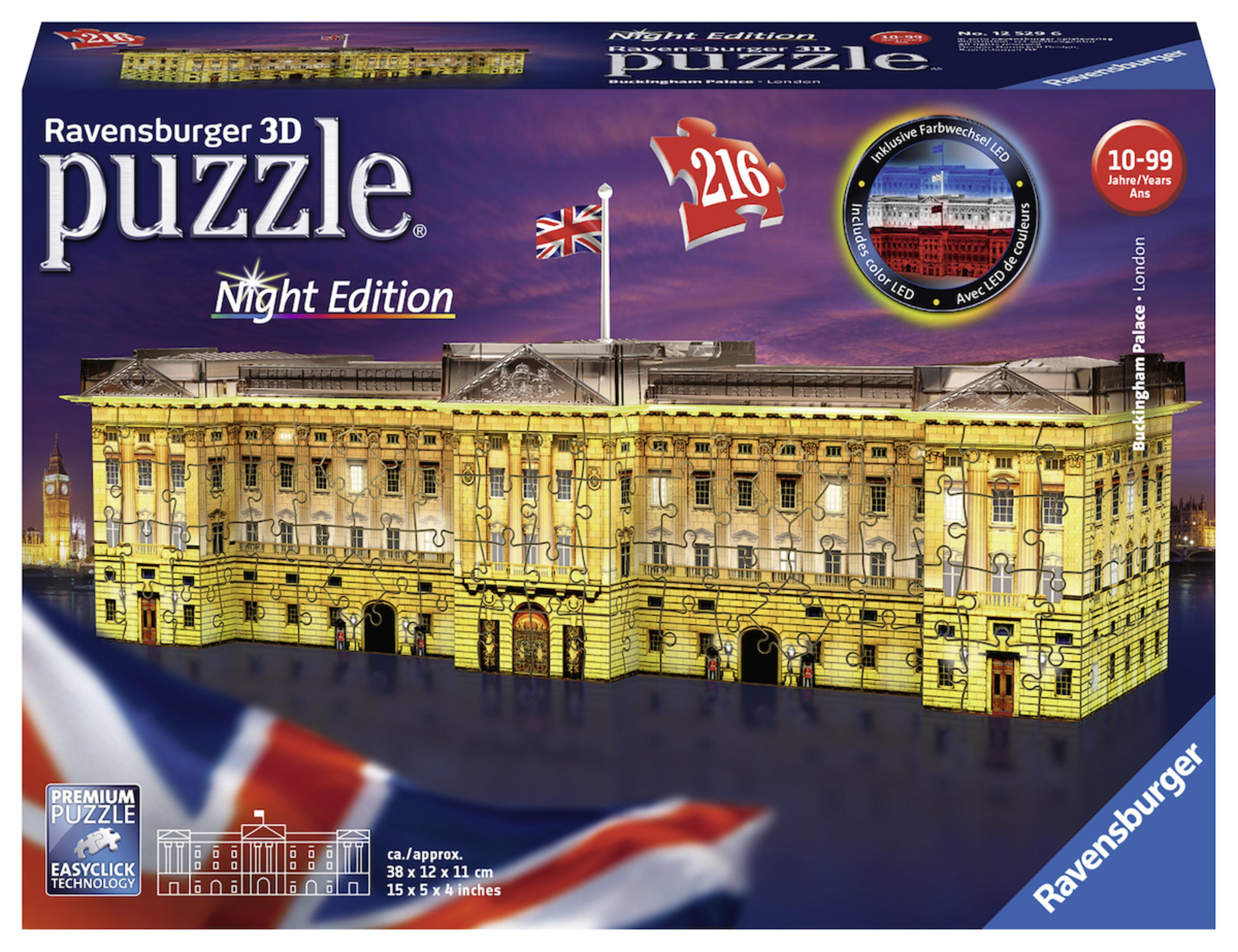 Eine Puzzlebox mit dem Bild des Buckingham Palace. Das Puzzle ist eine Nachtausgabe.