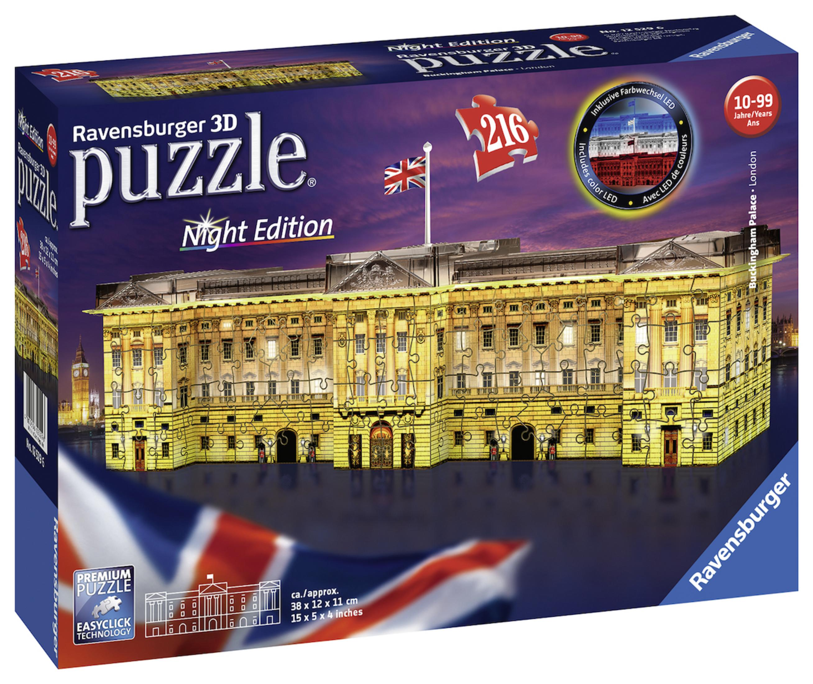 Verpacktes 3D-Puzzle des Buckingham Palace bei Nacht. Enthält die Flagge.