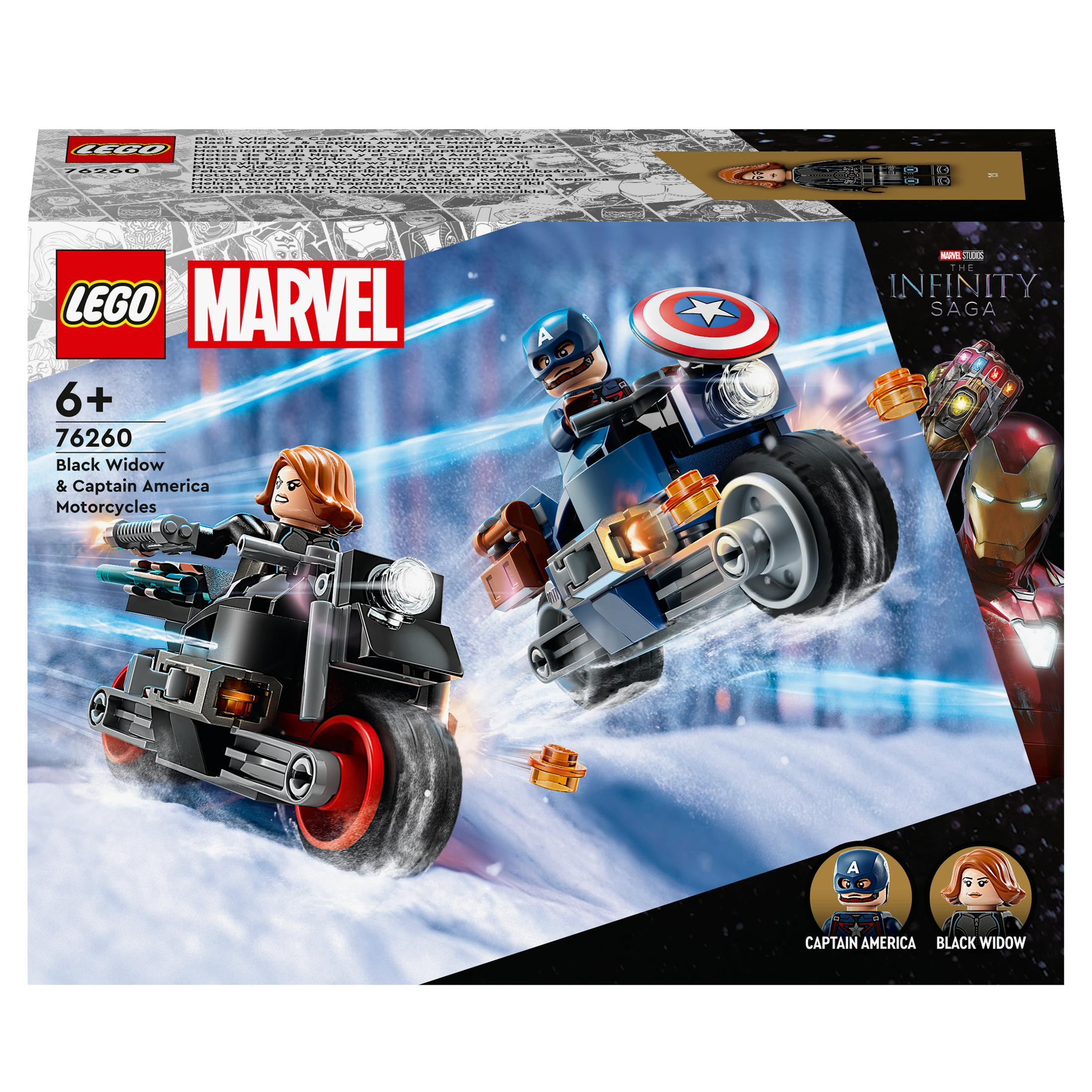 Motosikletlerdeki Black Widow ve Captain America'yı içeren bir Lego Marvel seti.