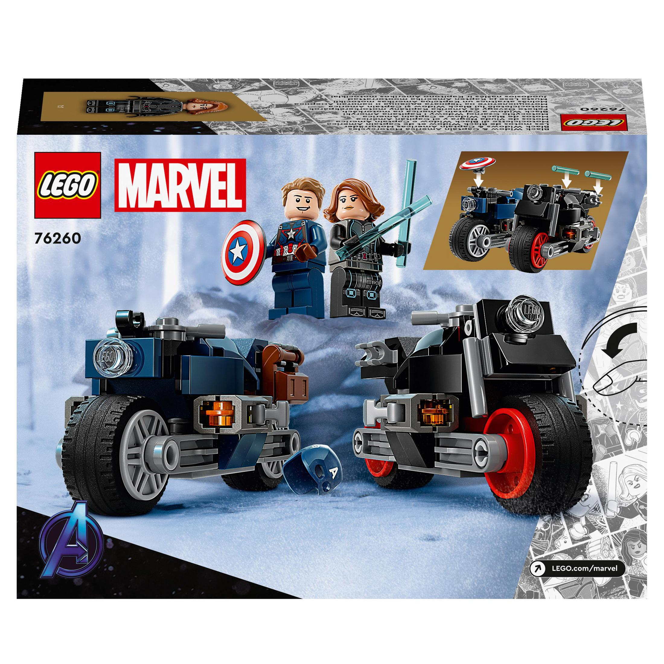 Kaptan Amerika, Kara Dul ve iki küçük motosiklet ile Lego Marvel seti.