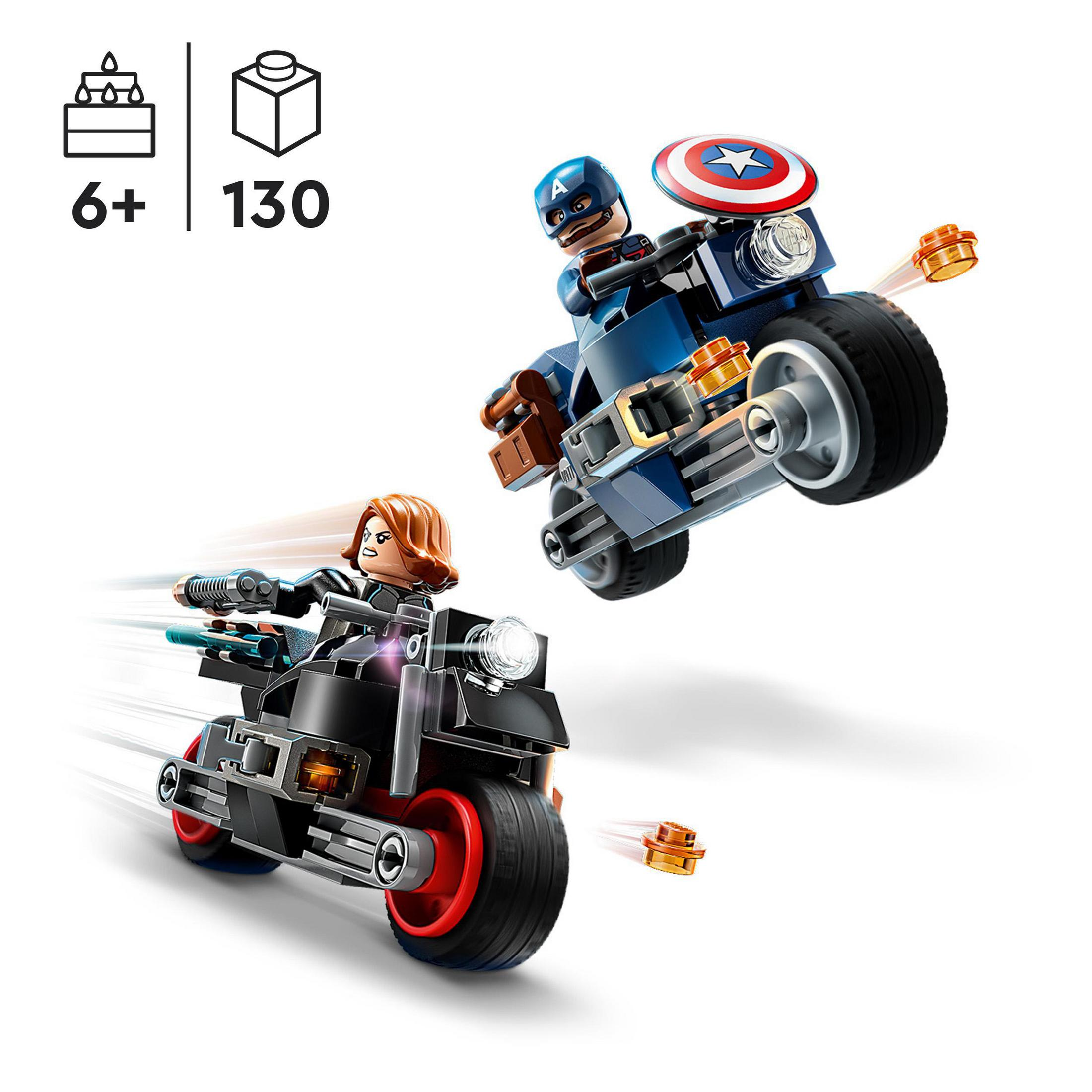 Lego seti: Kaptan Amerika ve Kara Dul motosikletlerde, aksiyon halinde.