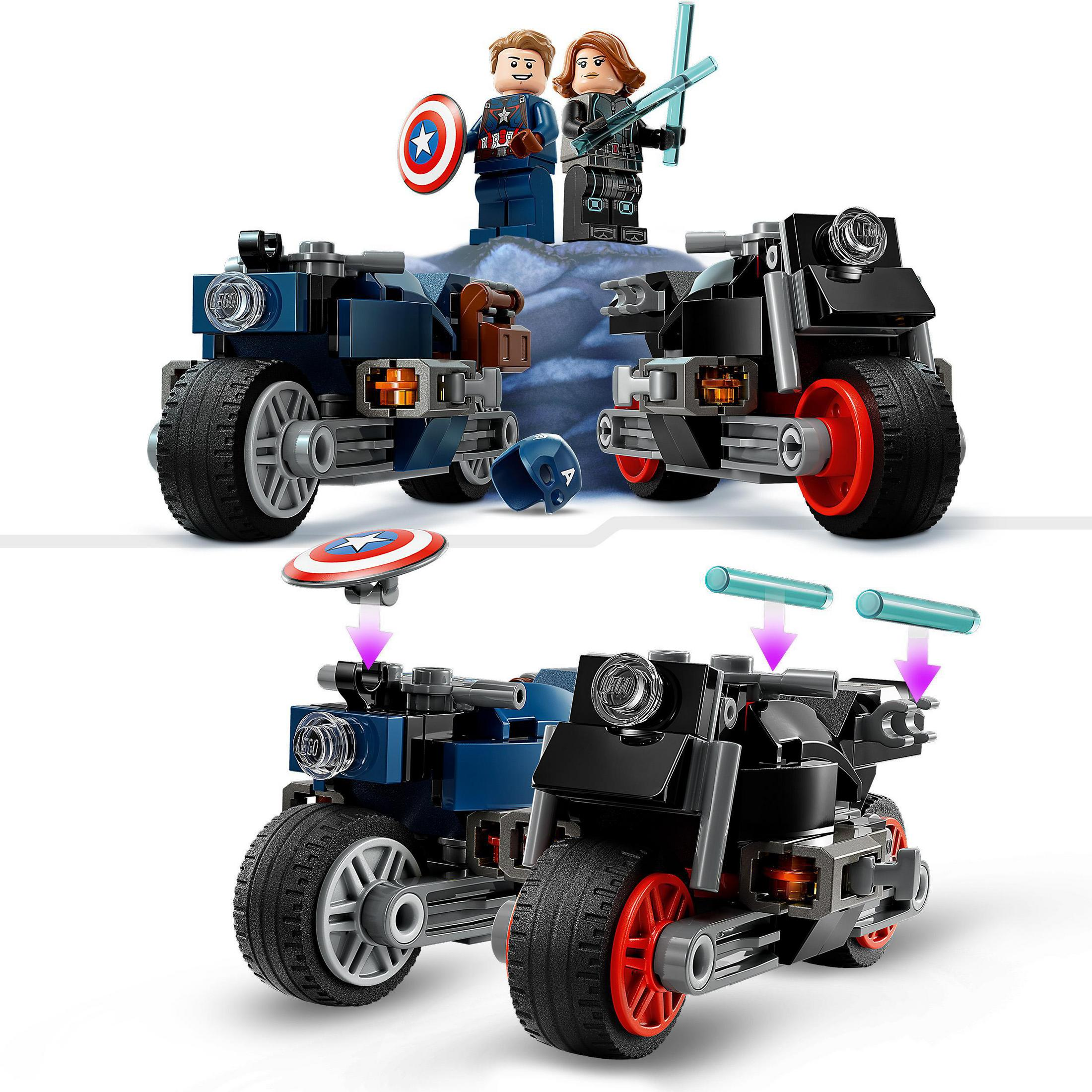 İki motosiklet, Kaptan Amerika ve Black Widow minifigürleri ve aksiyon efektleri içeren Lego seti.