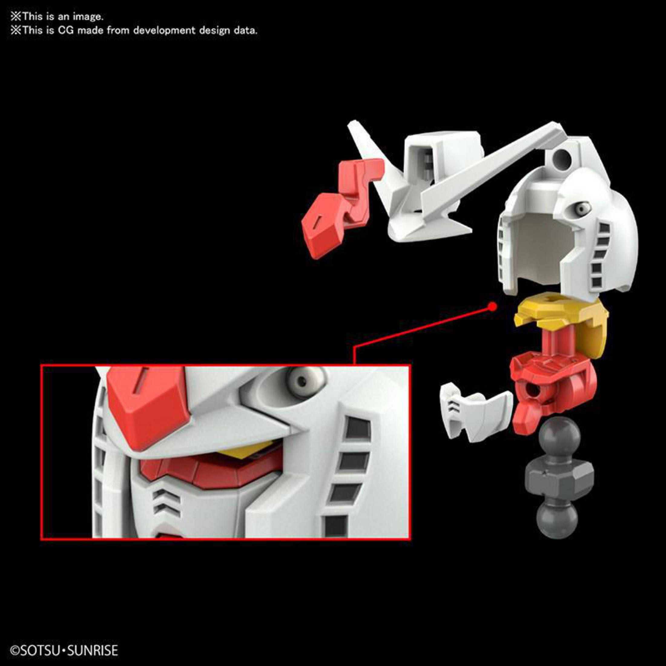 Ein zerlegter Gundam-Modellbausatz, der Teile und Details auf schwarzem Hintergrund zeigt.