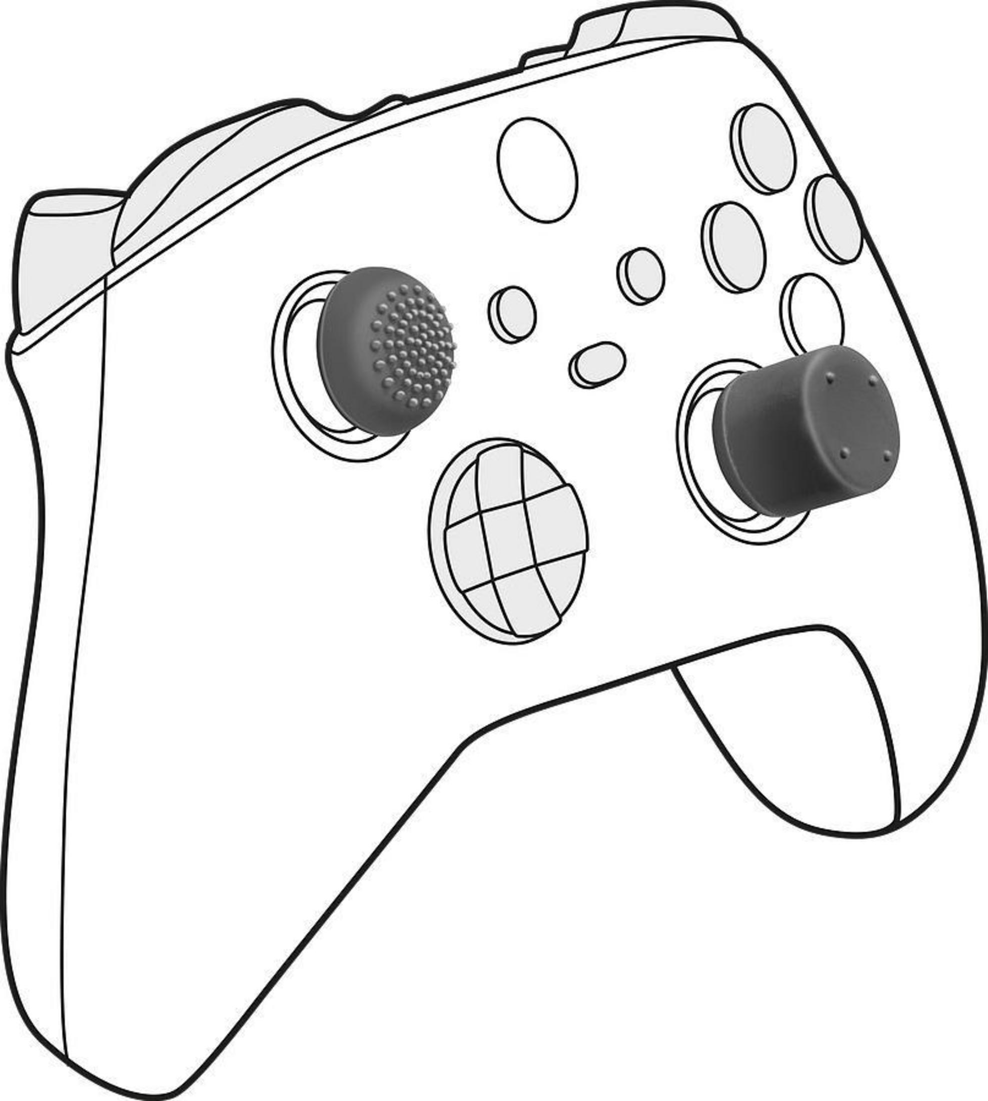 Schwarz-Weiß-Umriss eines Xbox-Controllers mit zwei Thumbsticks und Knöpfen.