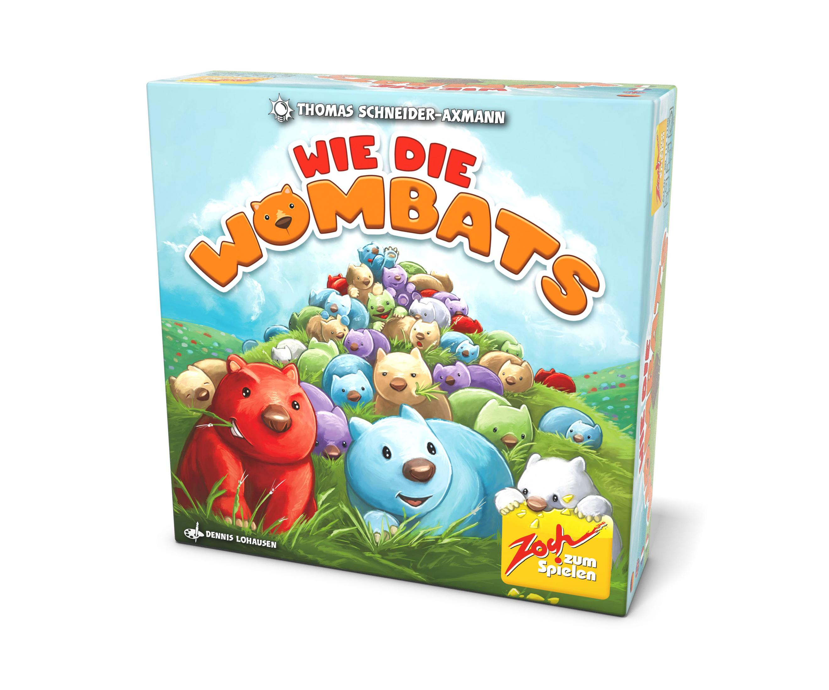 Boîte du jeu de société pour enfants 'Wie die Wombats', avec des wombats de dessin animé.
