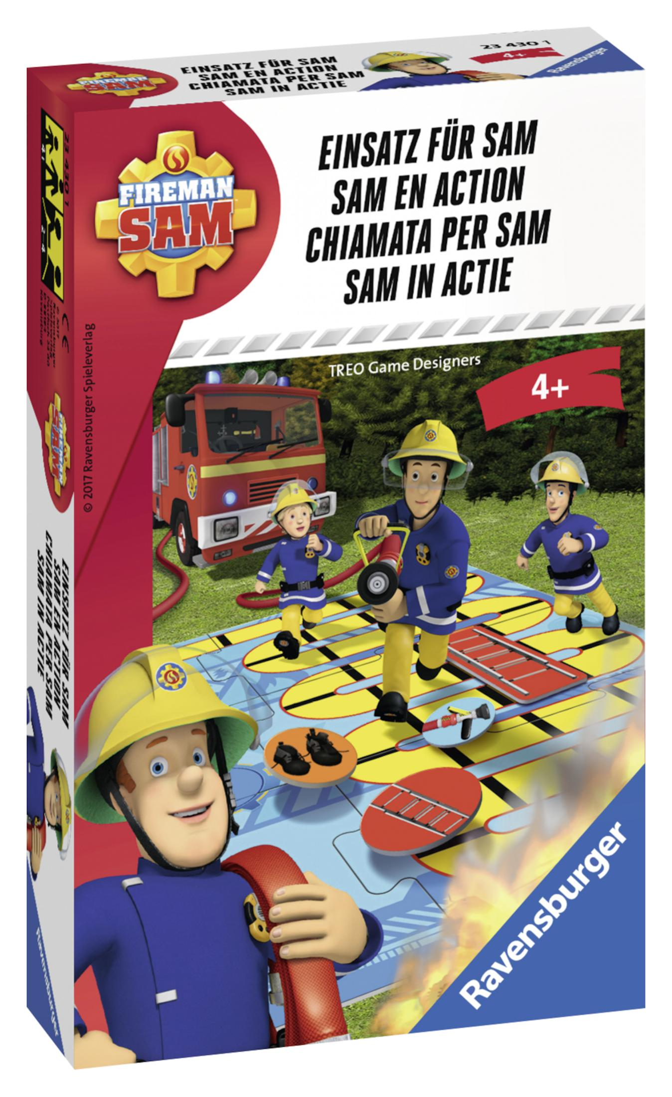 Pudełko gry Strażak Sam. Strażacy w akcji z wozem strażackim i płonącym budynkiem.