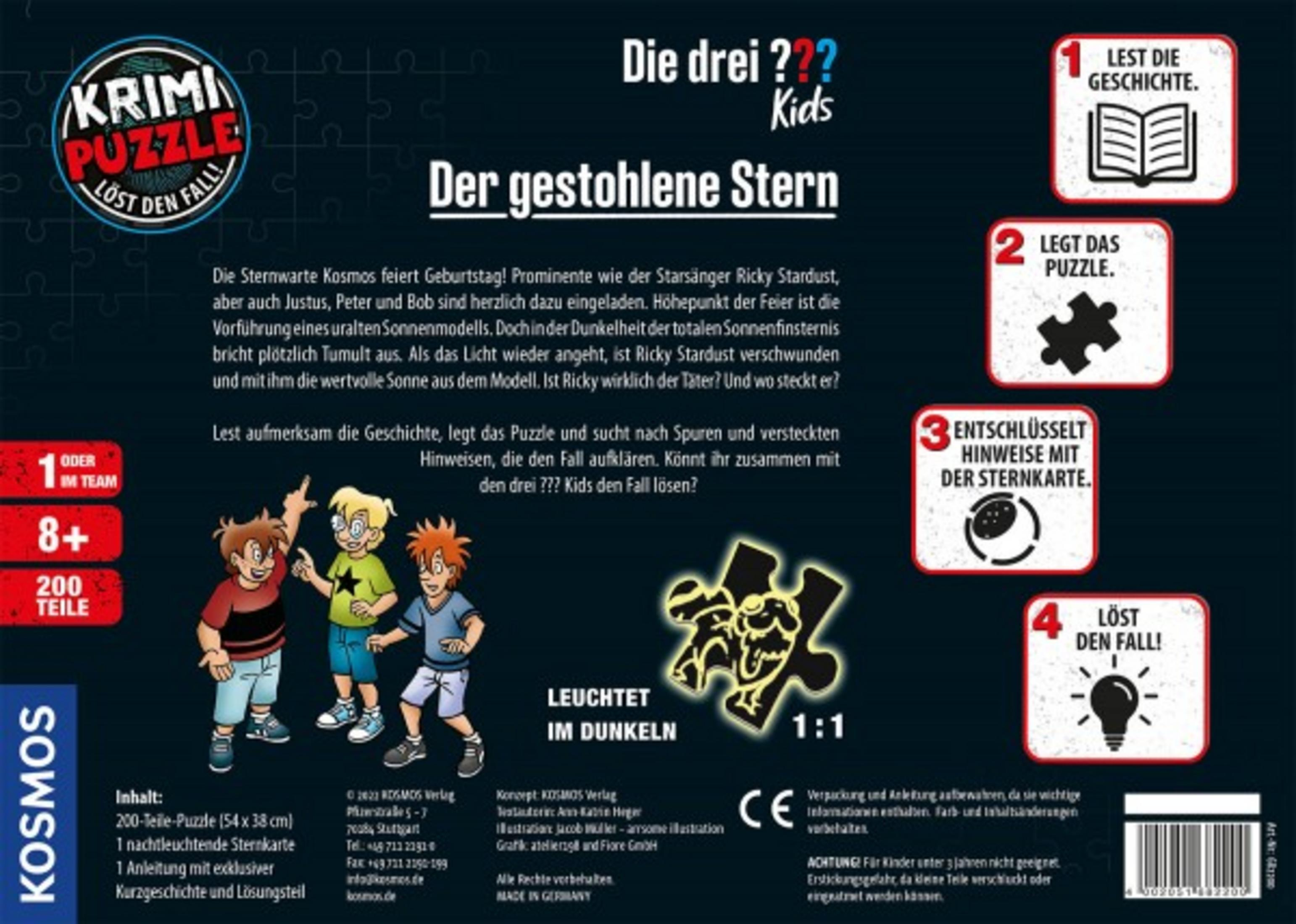 Rückseite einer Puzzle-Box. Text und Bilder für ein Kinder-Puzzle, mit Illustrationen und Anweisungen.