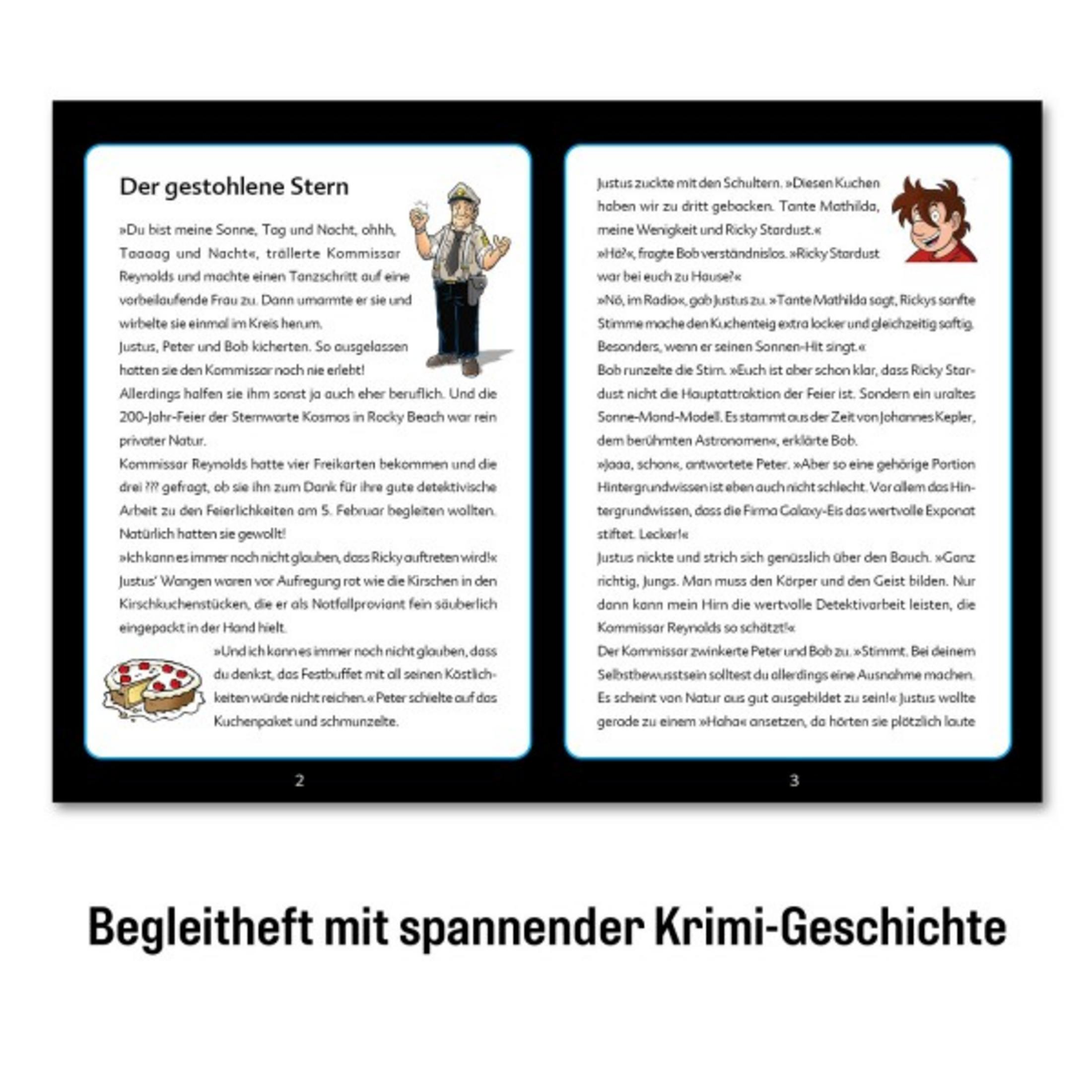 Ein Buch, Seiten offen mit Text. Der Titel lautet 'Der gestohlene Stern'.