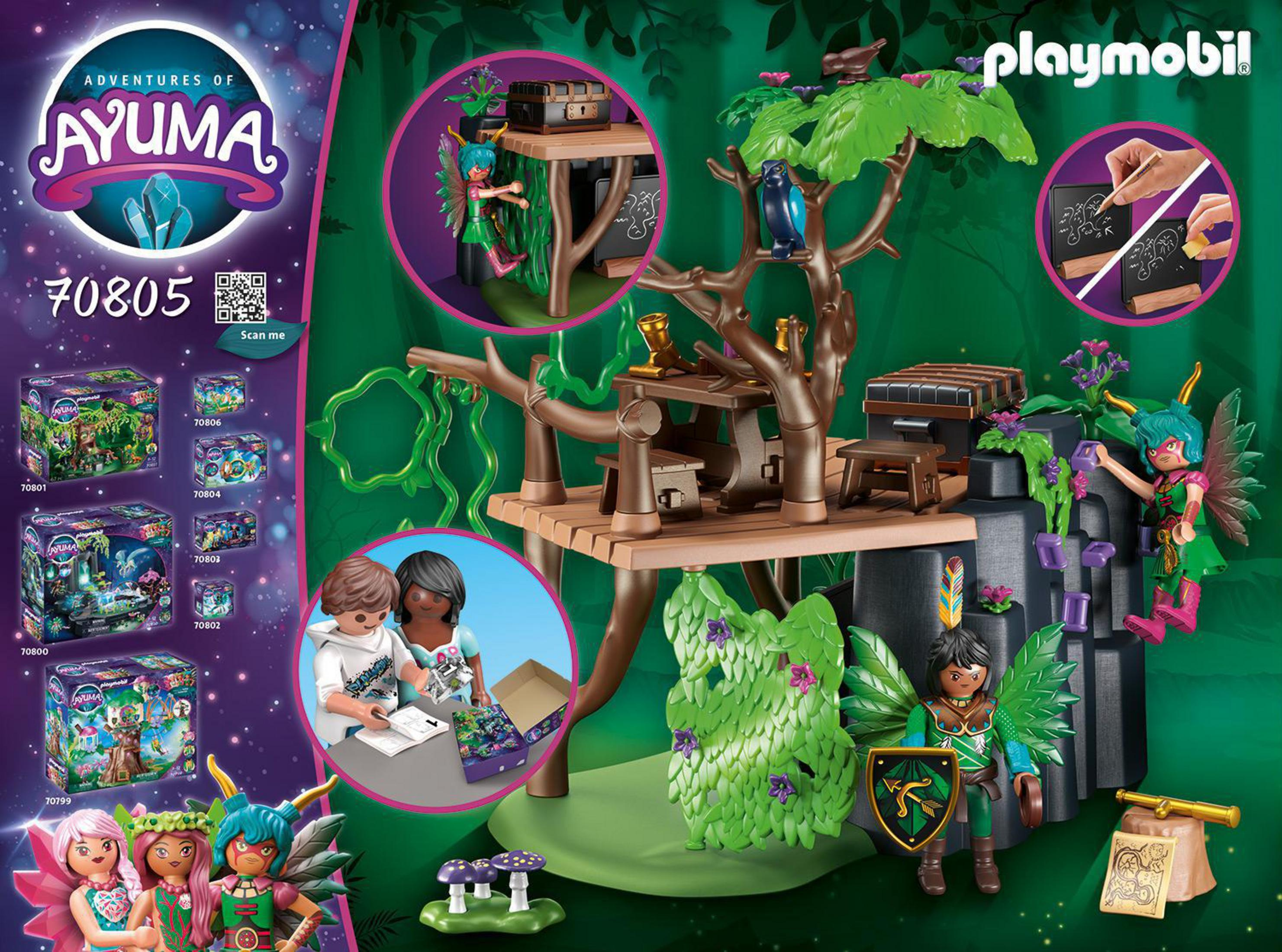 Playmobil-Set mit Feen in einem Baumhaus, einschließlich Figuren und Zubehör.