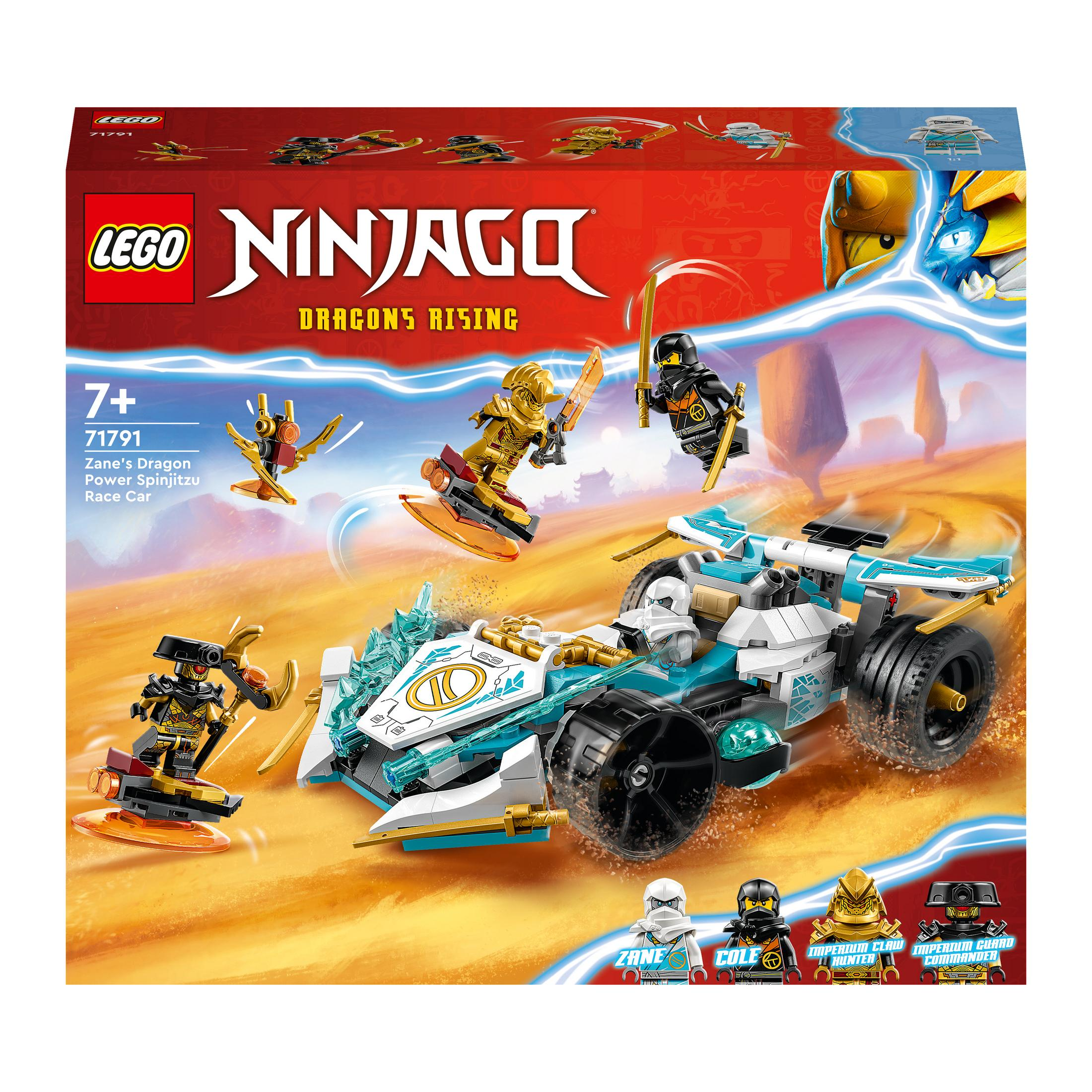Ensemble Lego Ninjago montrant la voiture de course Spinjitzu Dragon de Zane. Figurines et ninjas inclus.