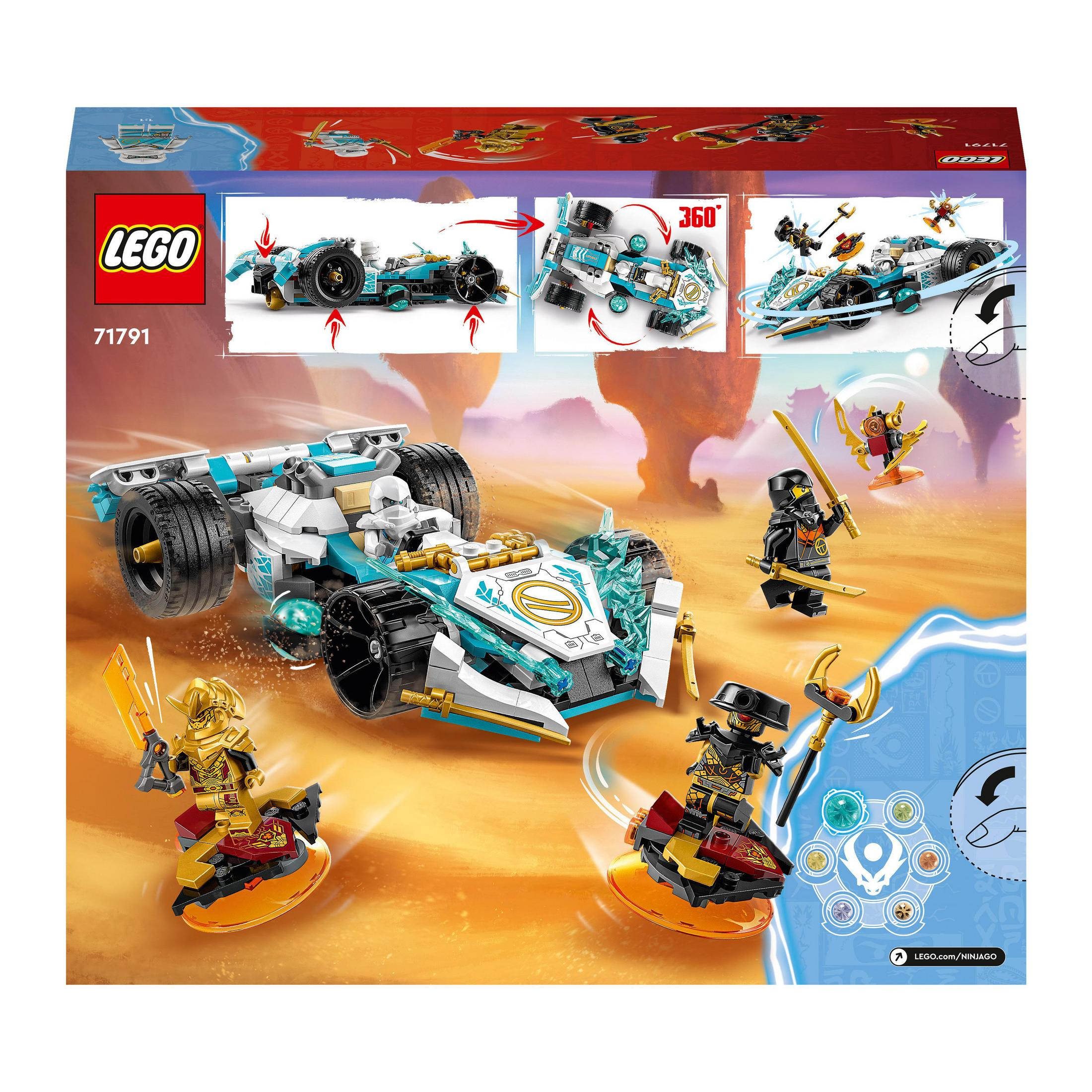 Une boîte de l'ensemble LEGO Ninjago avec une voiture blanche et bleue. Des figurines et des accessoires sont également présentés.