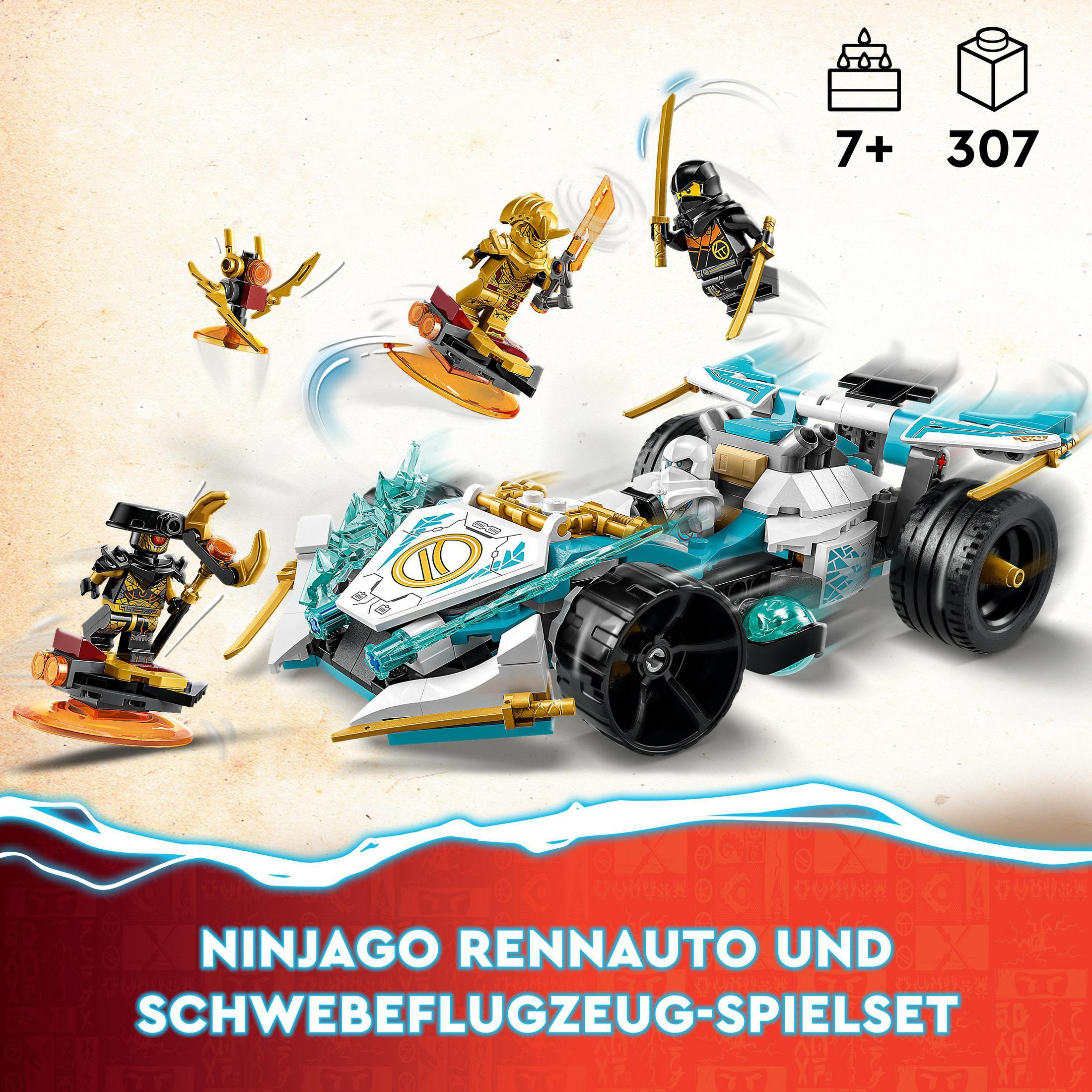 Ensemble Lego Ninjago avec une voiture et des véhicules volants, plus des personnages Ninjago.