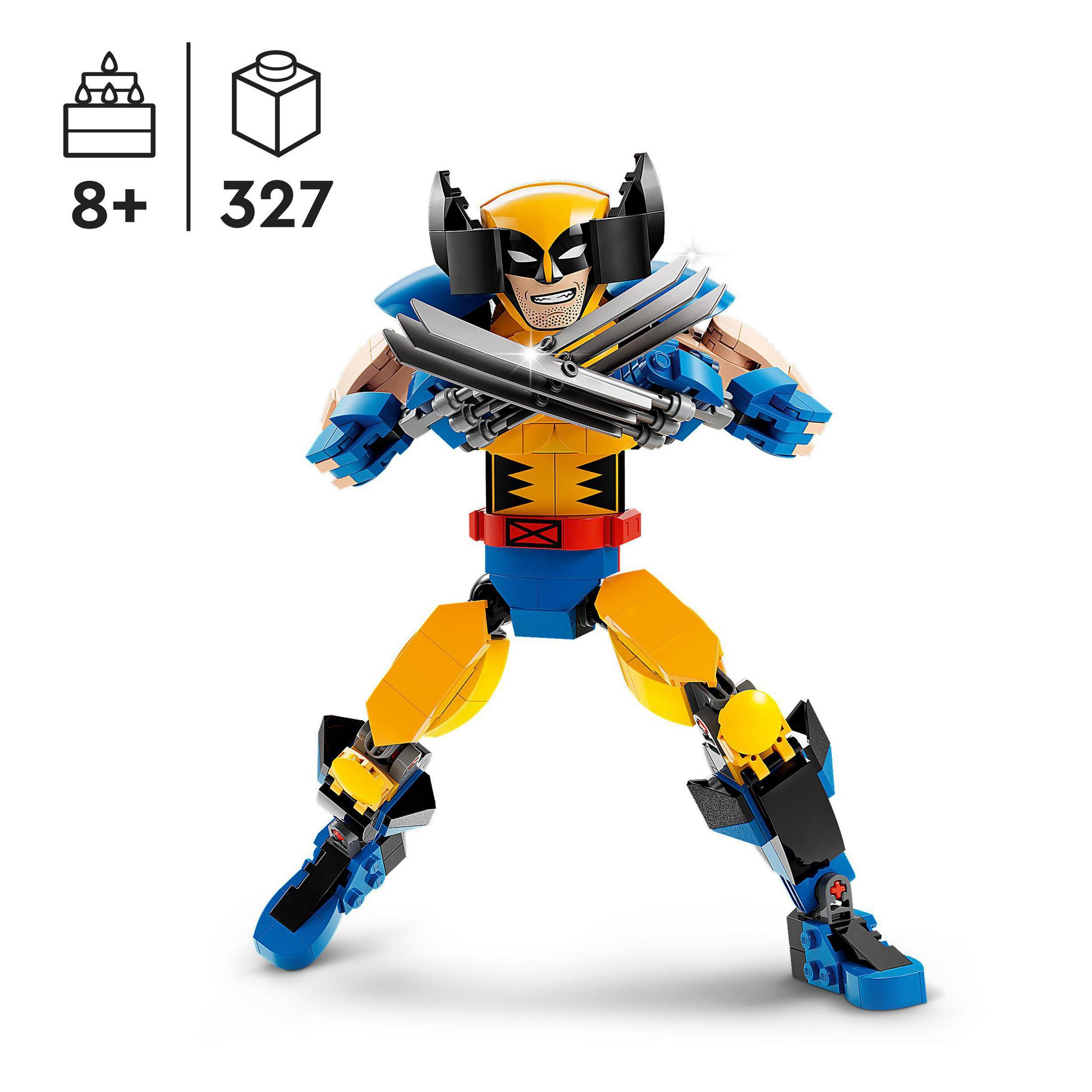 Lego Wolverine Figur. Gelb und blau, mit Krallen. Hat Altersbereich und Teileanzahl Informationen.