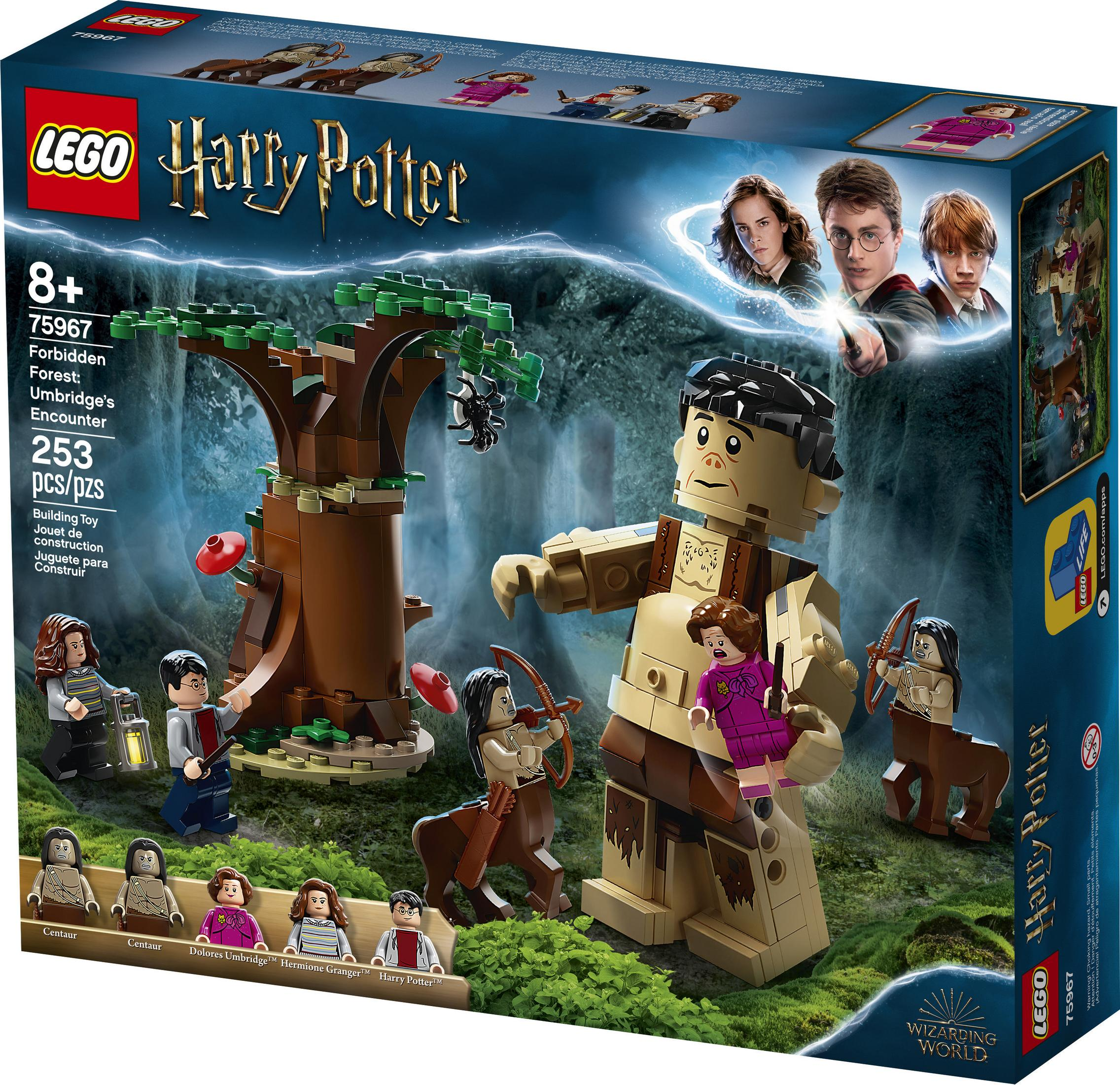Pudełko Lego Harry Potter. Postacie, drzewo i figurki są przedstawione na pudełku.