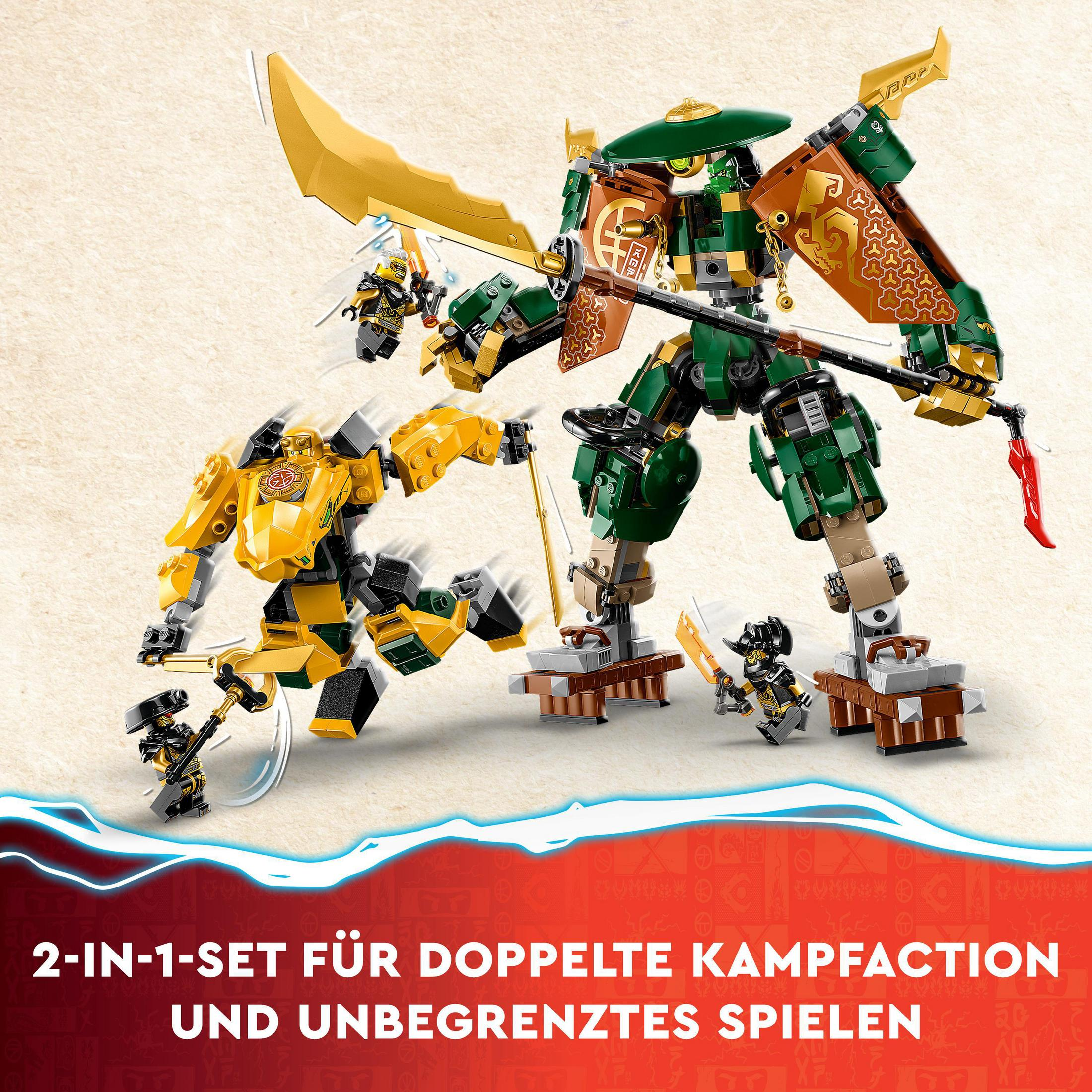 Lego Ninjago set met twee mechs in actie, met vechtende minifiguren.