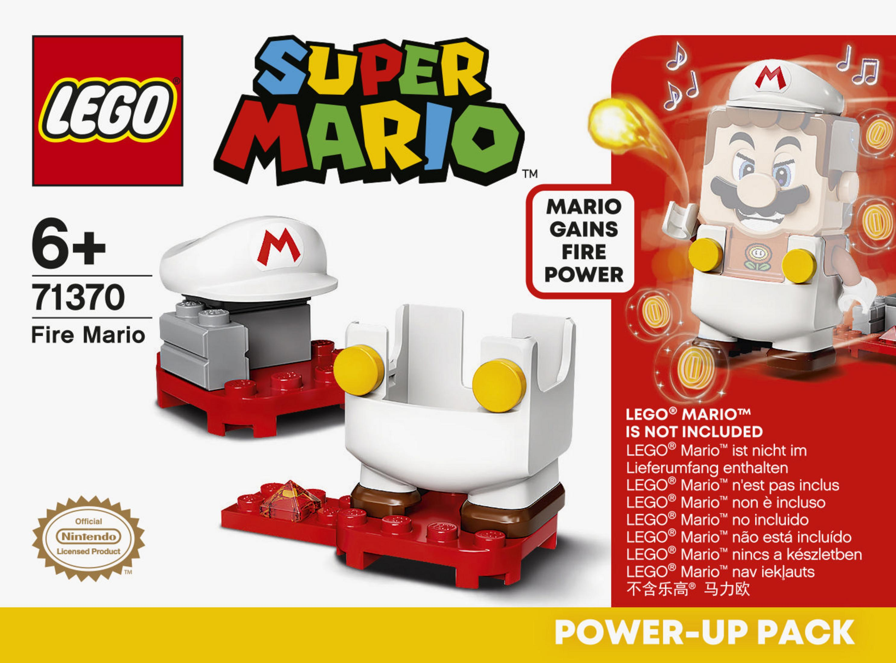 Ein Lego Super Mario Set mit einer Fire Mario Figur, Blöcken und Text über Power-Ups.