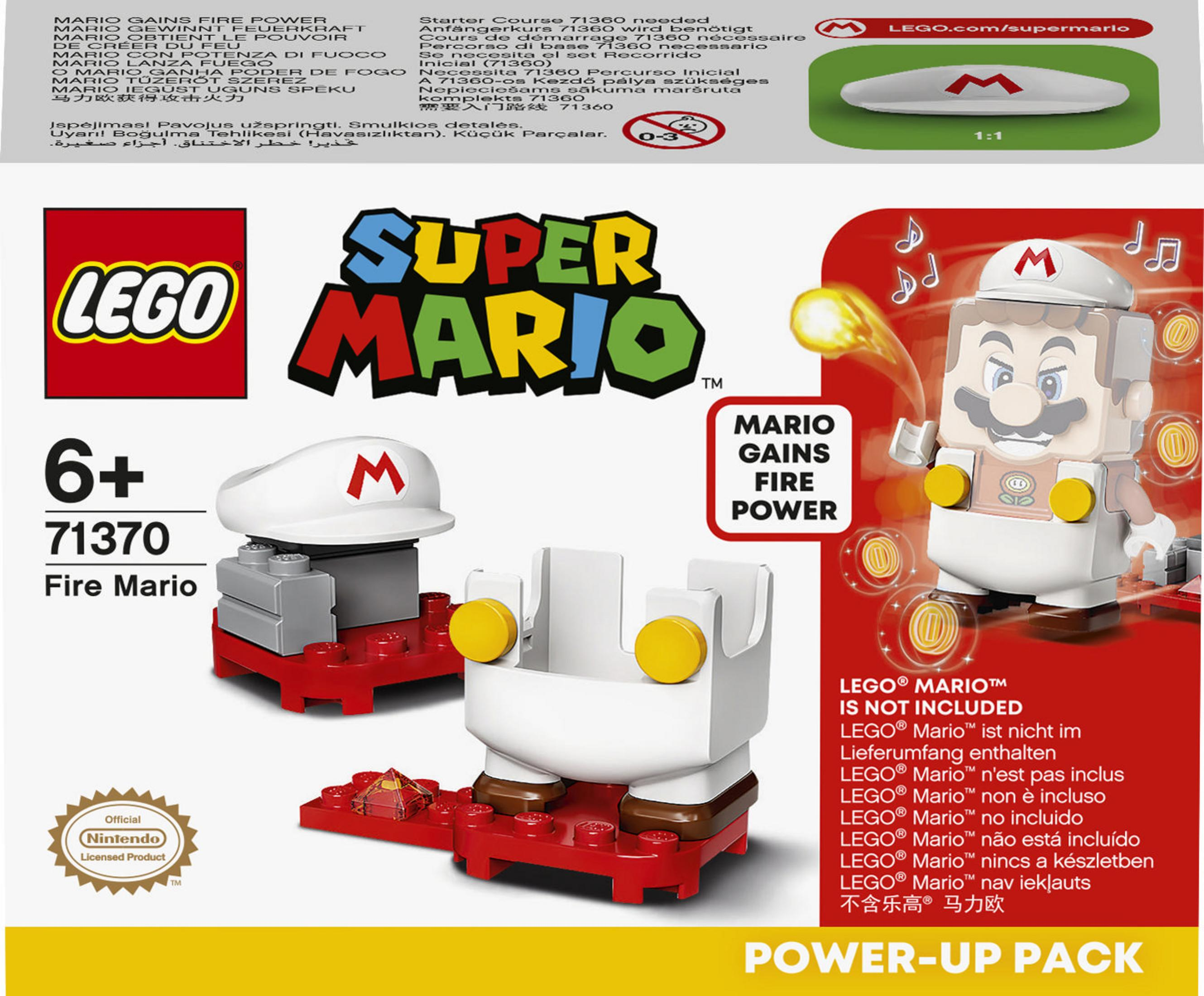 LEGO Super Mario Set-Box. Mario-Figur mit Feuerkraft, weißem Hut und roten Schuhen, Text 'Mario Gains Fire Power'.