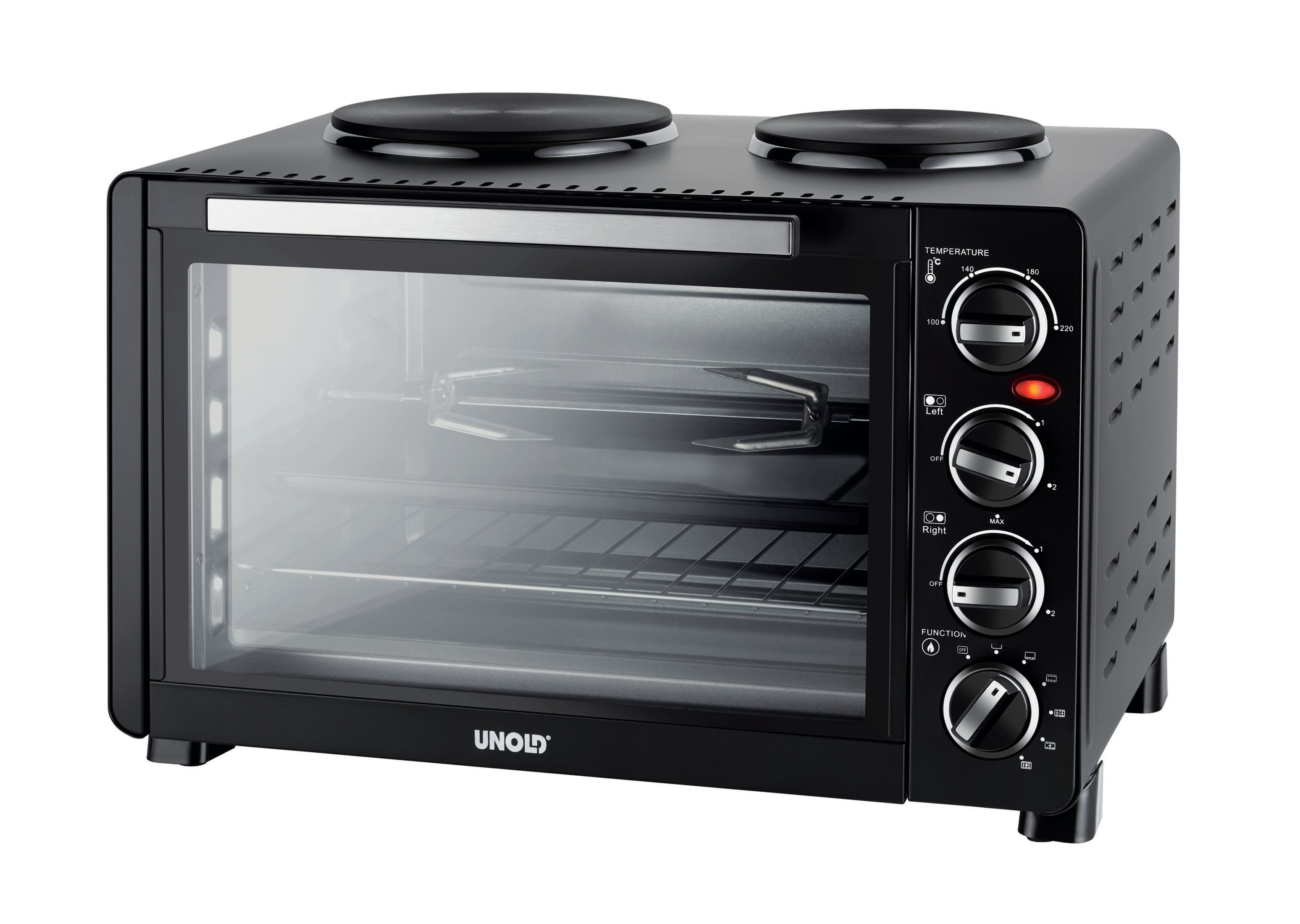 Un forno nero da appoggio. Ha due piastre riscaldanti sulla parte superiore. Una porta a vetri rivela l'interno.