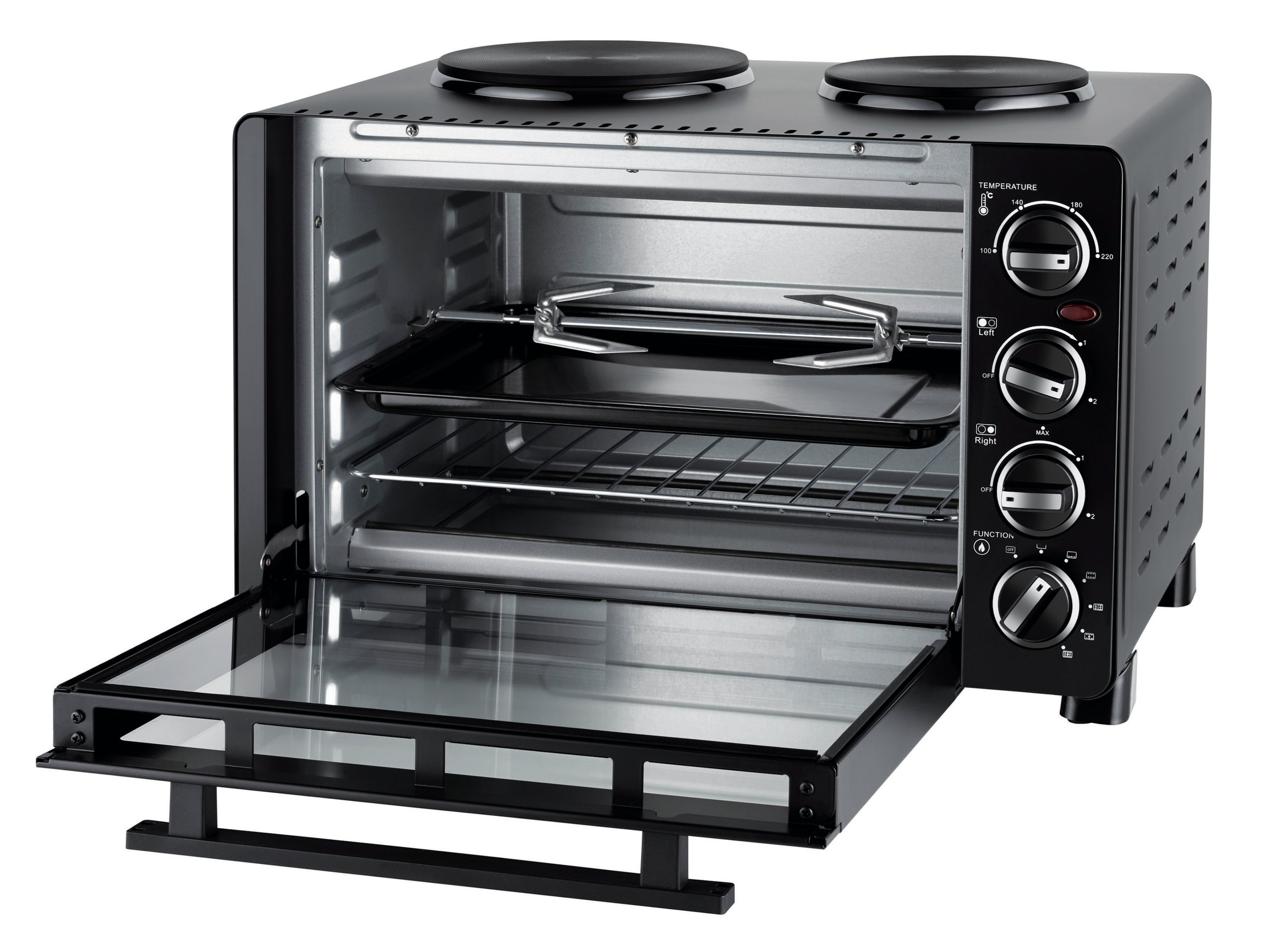 Forno tostapane nero con la porta aperta. Il forno ha due bruciatori sopra.