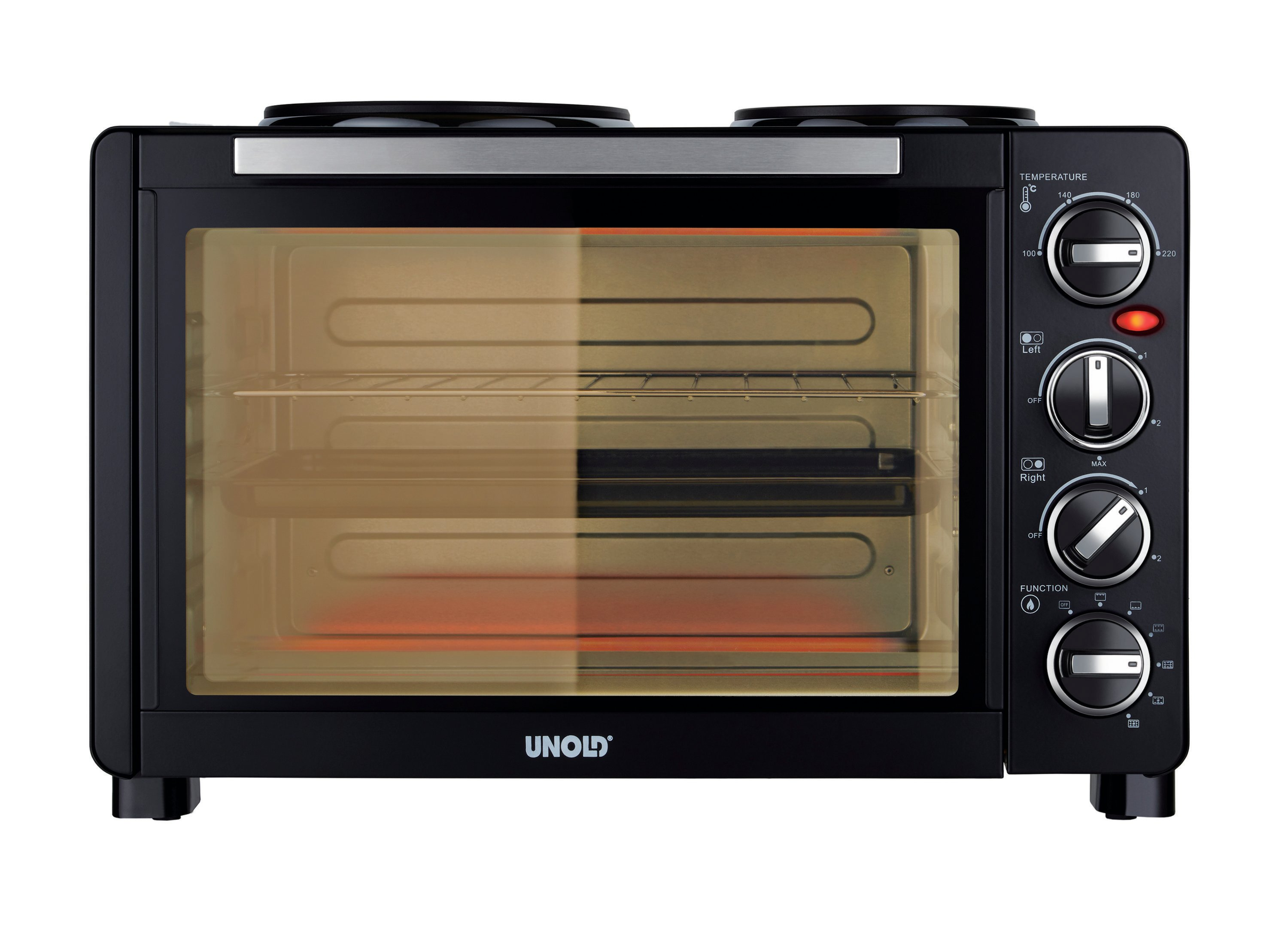 Un mini forno Unold nero con due piastre e una porta a vetro.