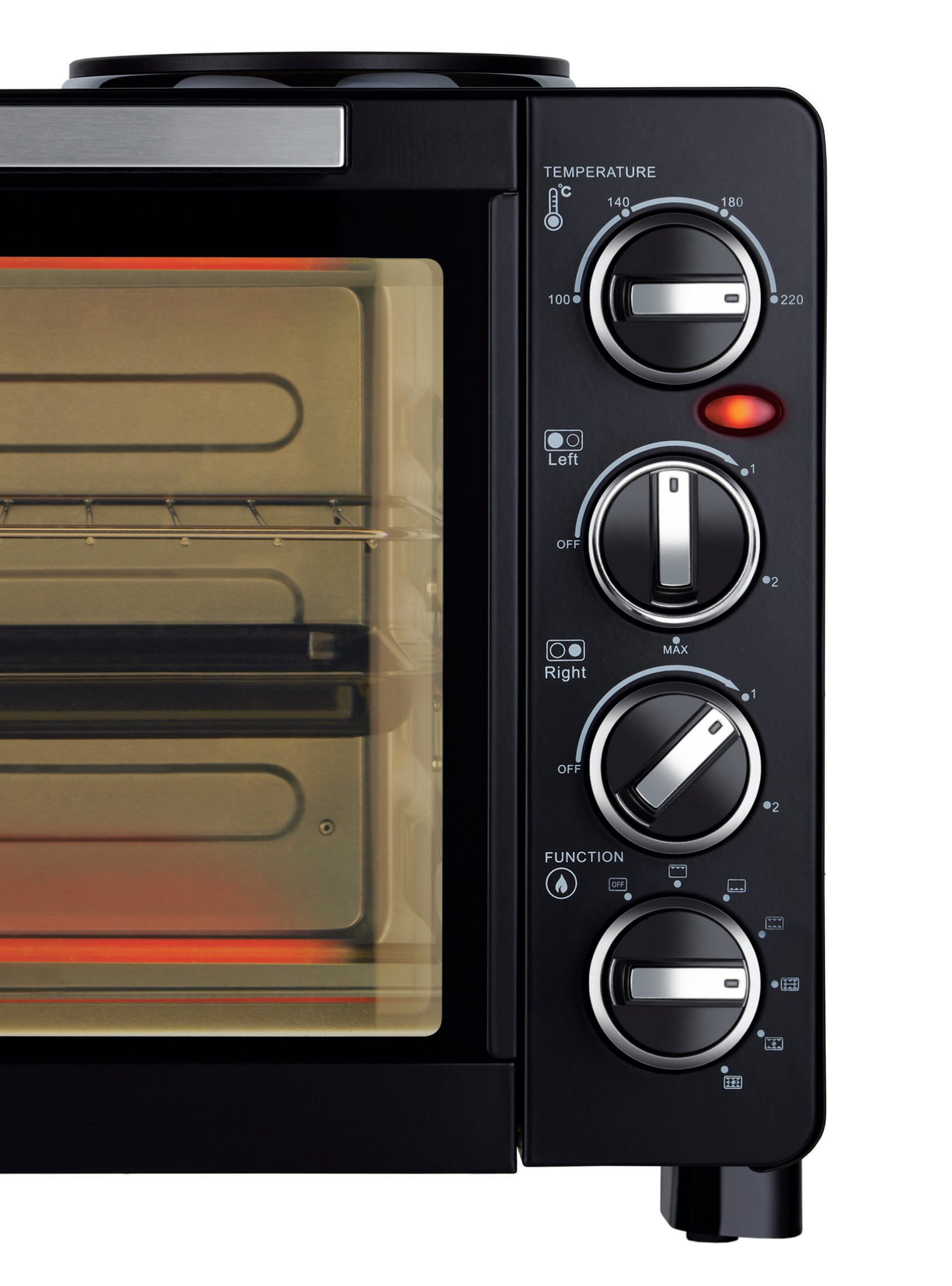 Primo piano del pannello di controllo di un forno tostapane nero. Mostra le impostazioni di temperatura, funzione e timer.