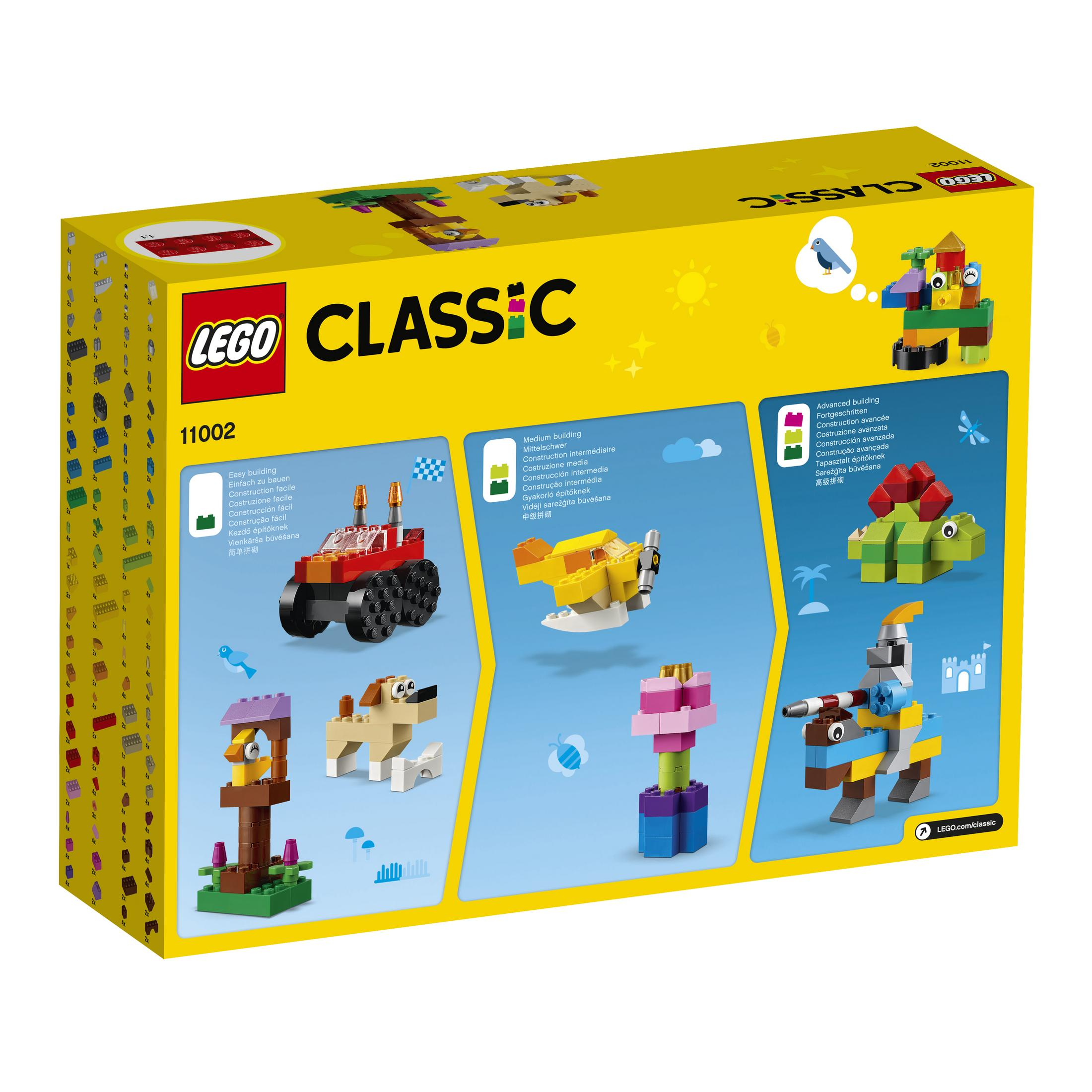 Eine Lego Classic Box mit Baubeispielen, darunter ein Auto, ein Flugzeug, ein Hund und andere Modelle.
