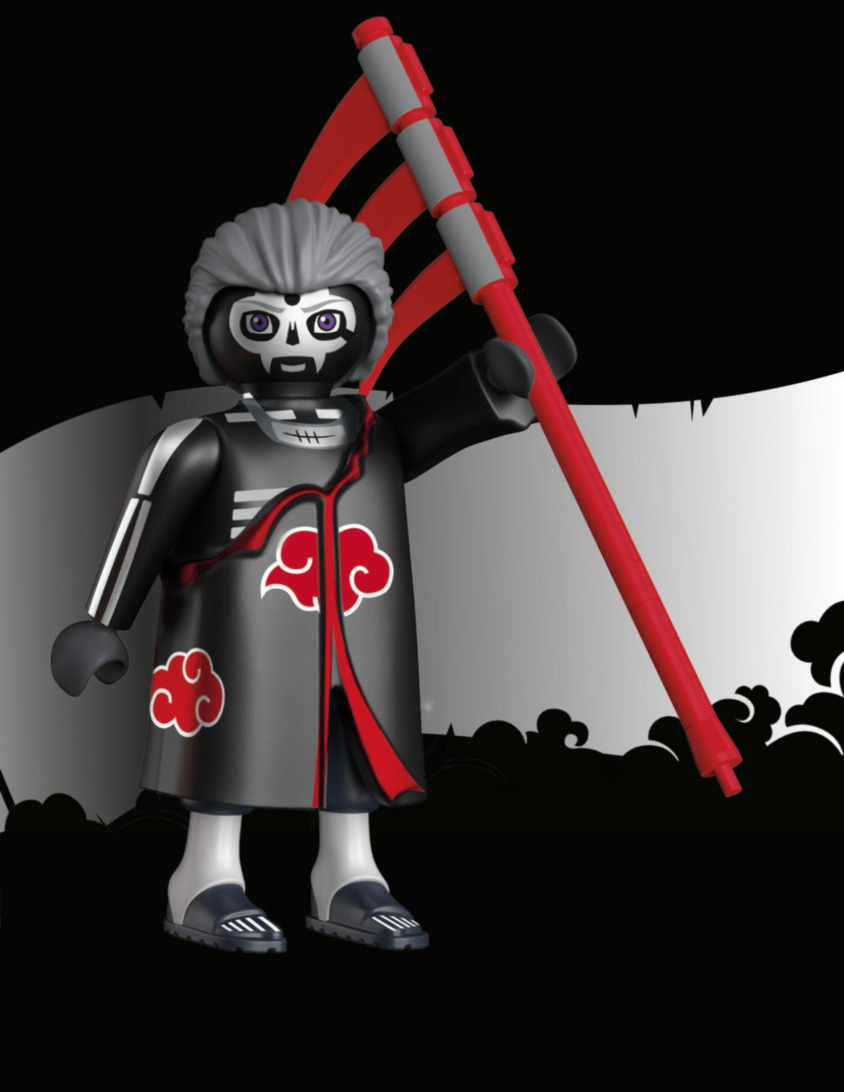Playmobil-Figur eines Akatsuki-Mitglieds mit Totenkopfgesicht, in schwarzem Umhang mit roten Wolken.