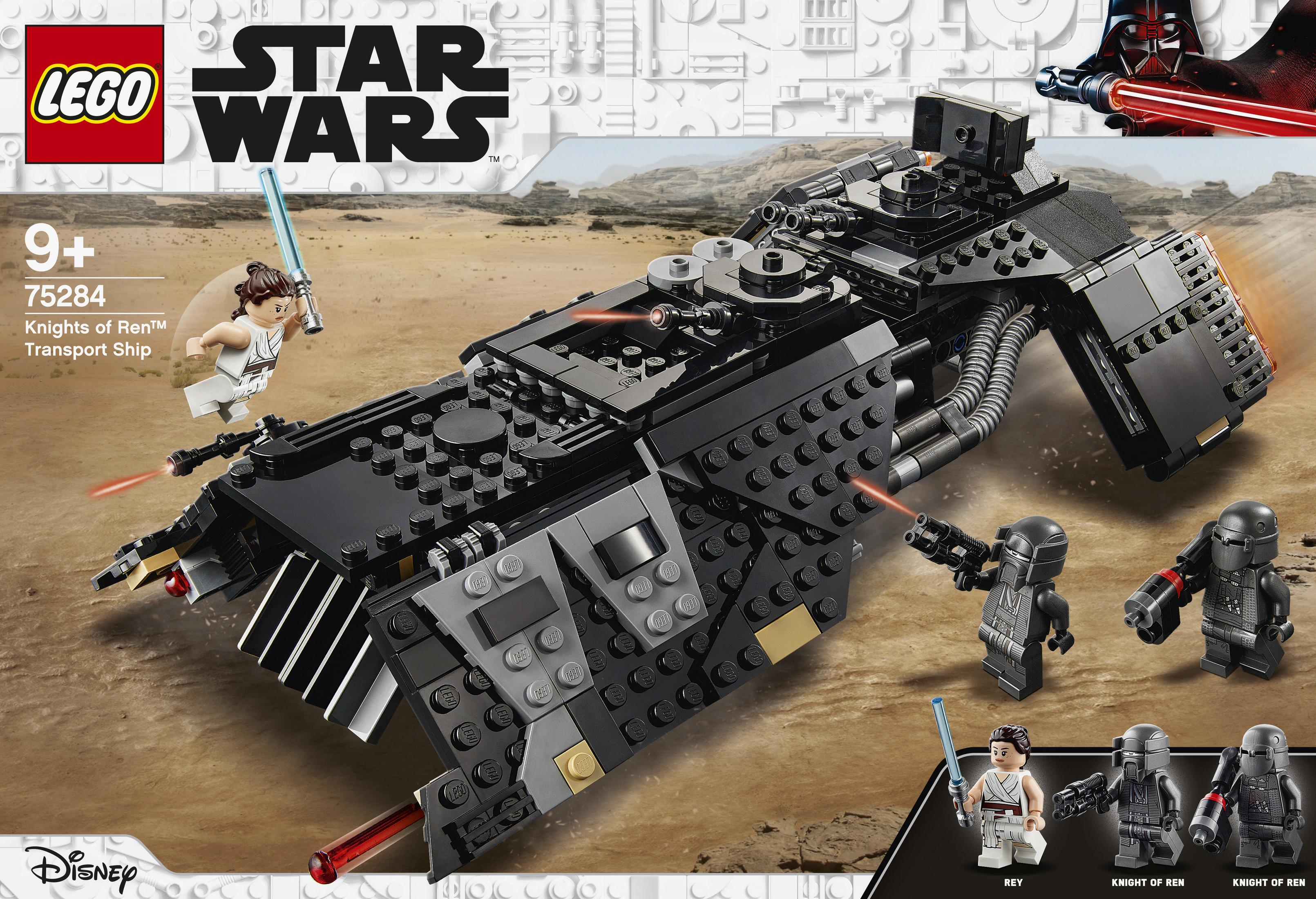 Lego Star Wars seti. Rey ve Ren Şövalyeleri figürleriyle siyah nakliye gemisi.