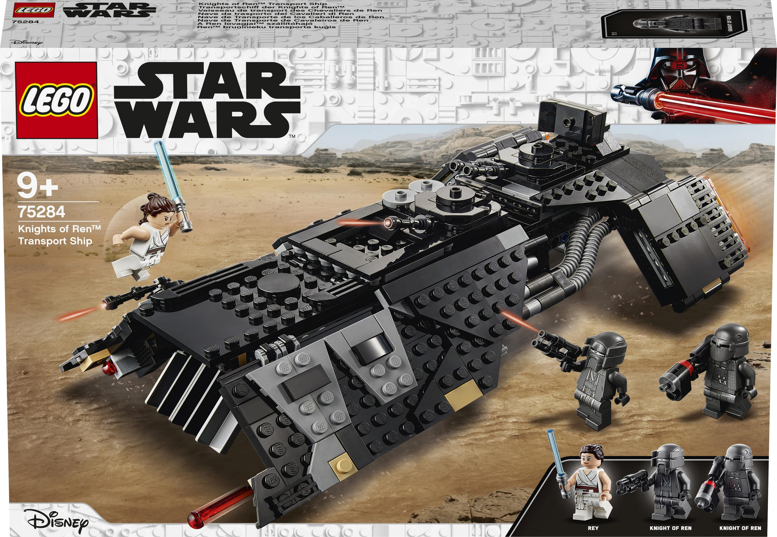 Figürler ve çöl arka planıyla Lego Star Wars Knights of Ren taşıma gemisi kutusu.