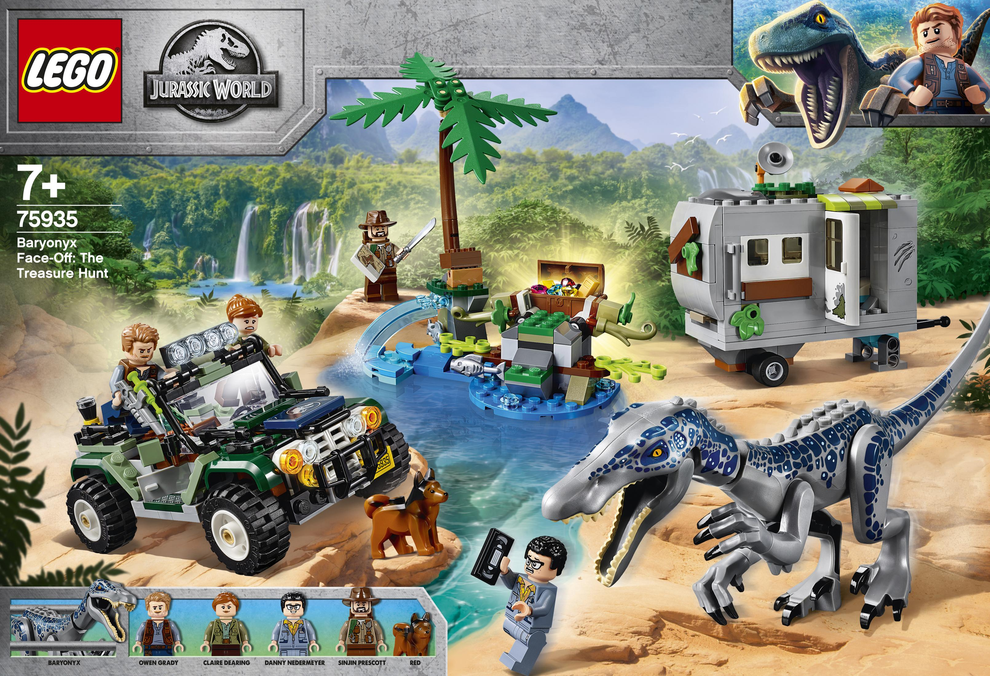 Un set Lego raffigura una scena di Jurassic World con dinosauri, un'auto e un rimorchio.