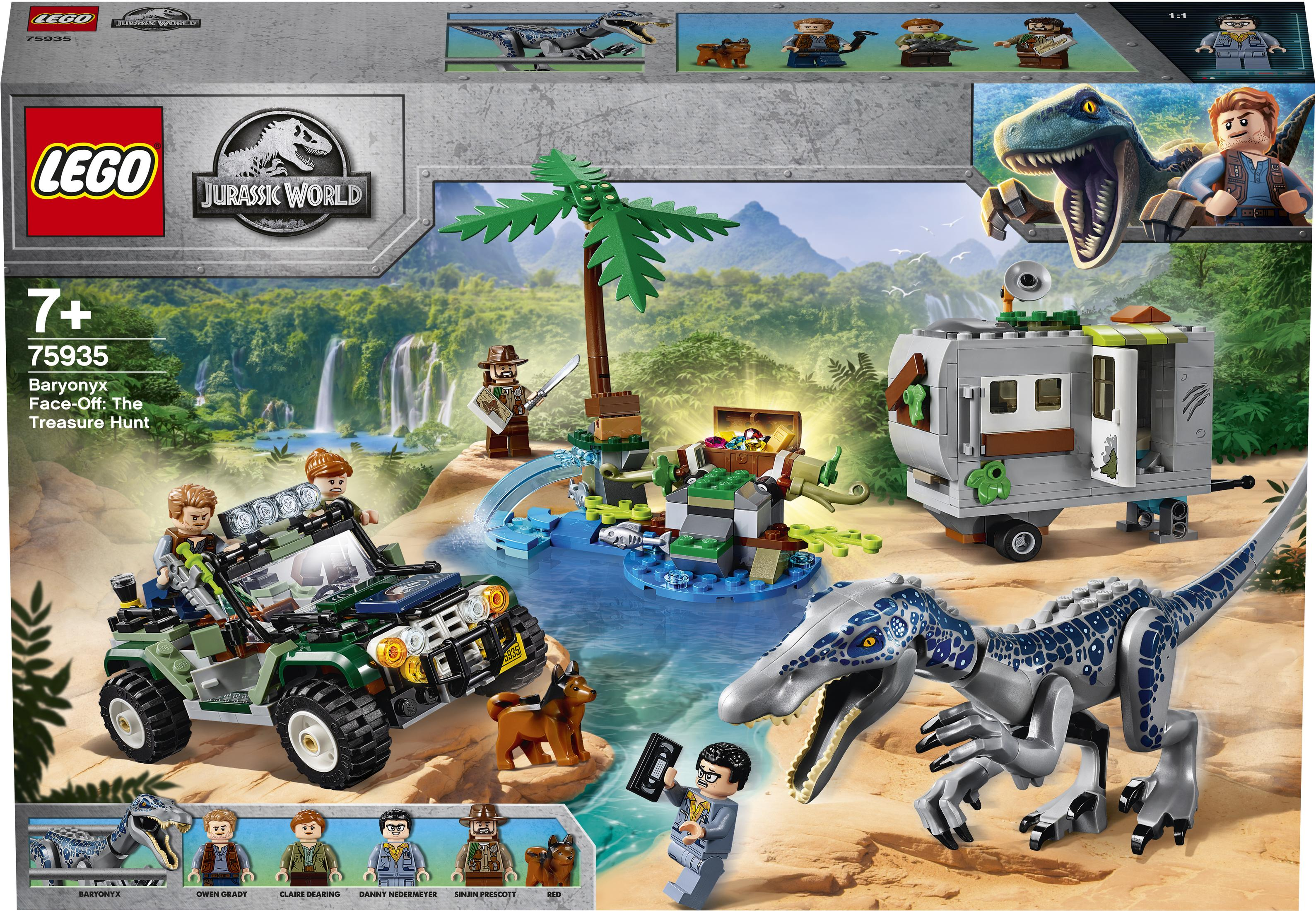 Scatola del set Lego con scena di dinosauri e più personaggi Lego.