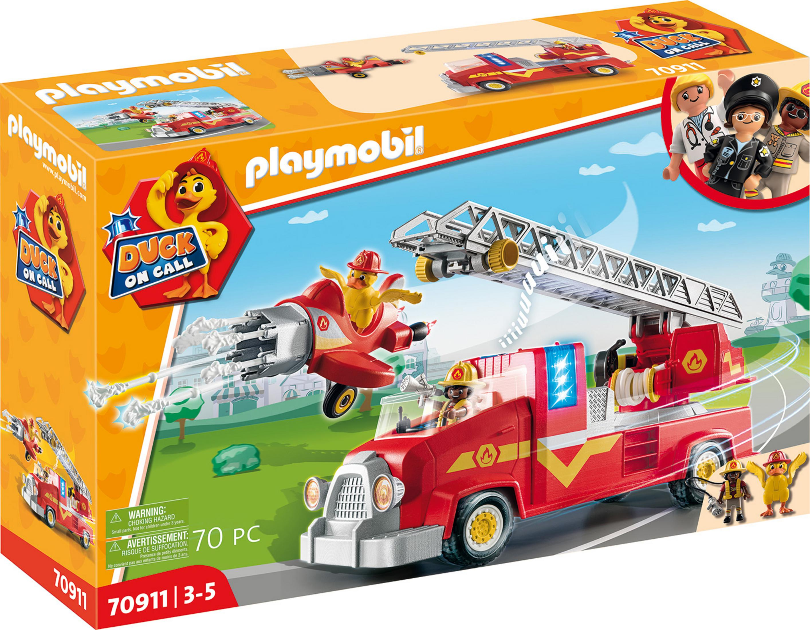 Playmobil Spielzeugset-Box. Ein rotes Feuerwehrauto mit Ente und Ente im Flugzeug.