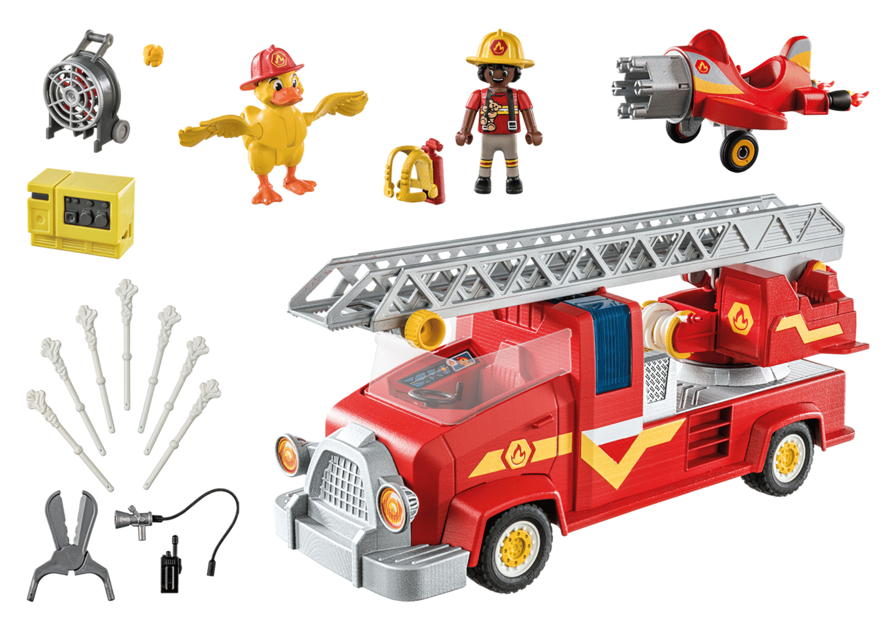 Playmobil Feuerwehrauto-Set mit Zubehör und einer Feuerwehrfigur.