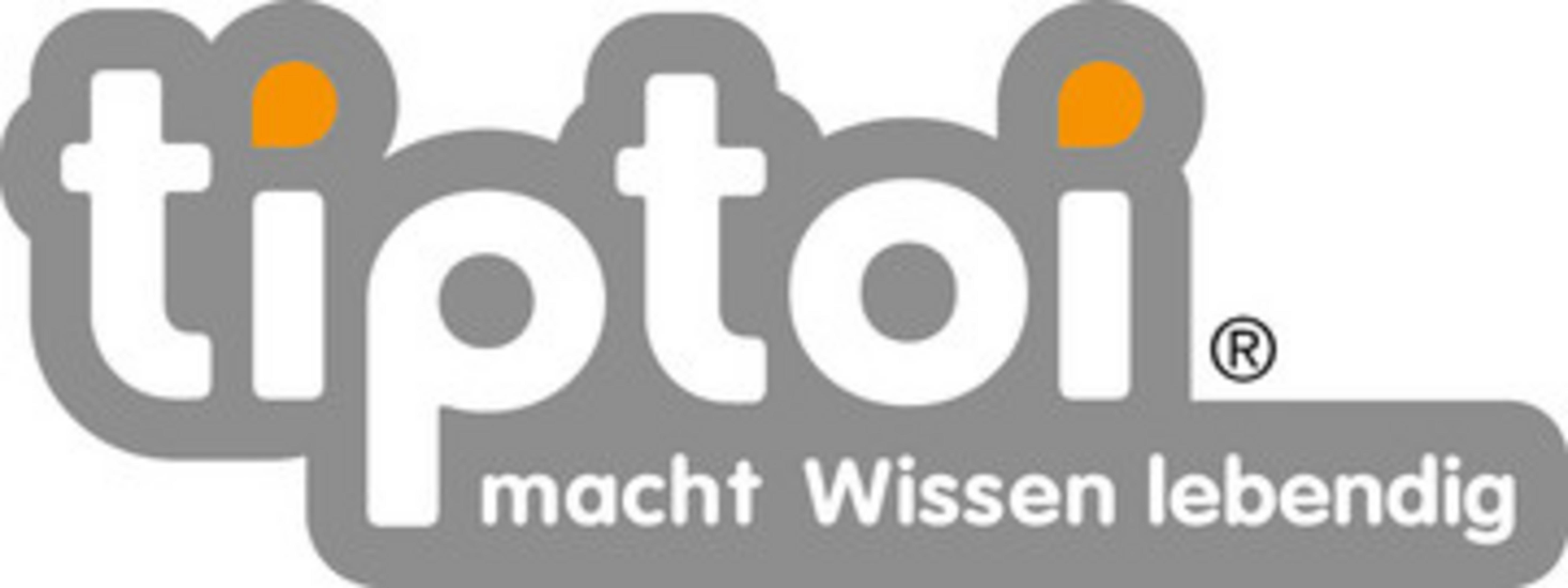Das „tiptoi“-Logo in Grau und Weiß mit zwei orangefarbenen Punkten. Es steht „macht Wissen lebendig“.